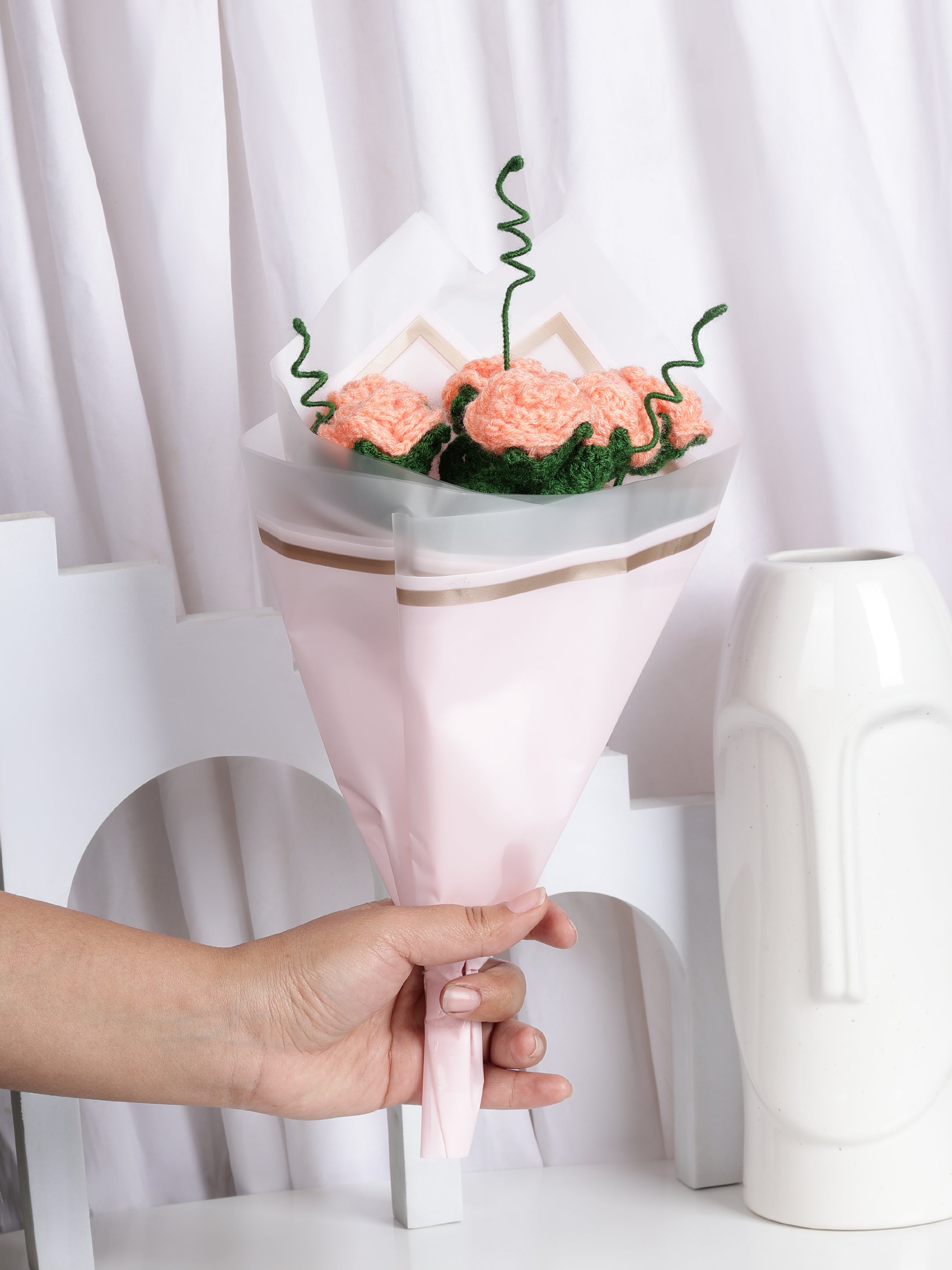 Crochet Handmade Peach Rose Bouquet- 6 steam