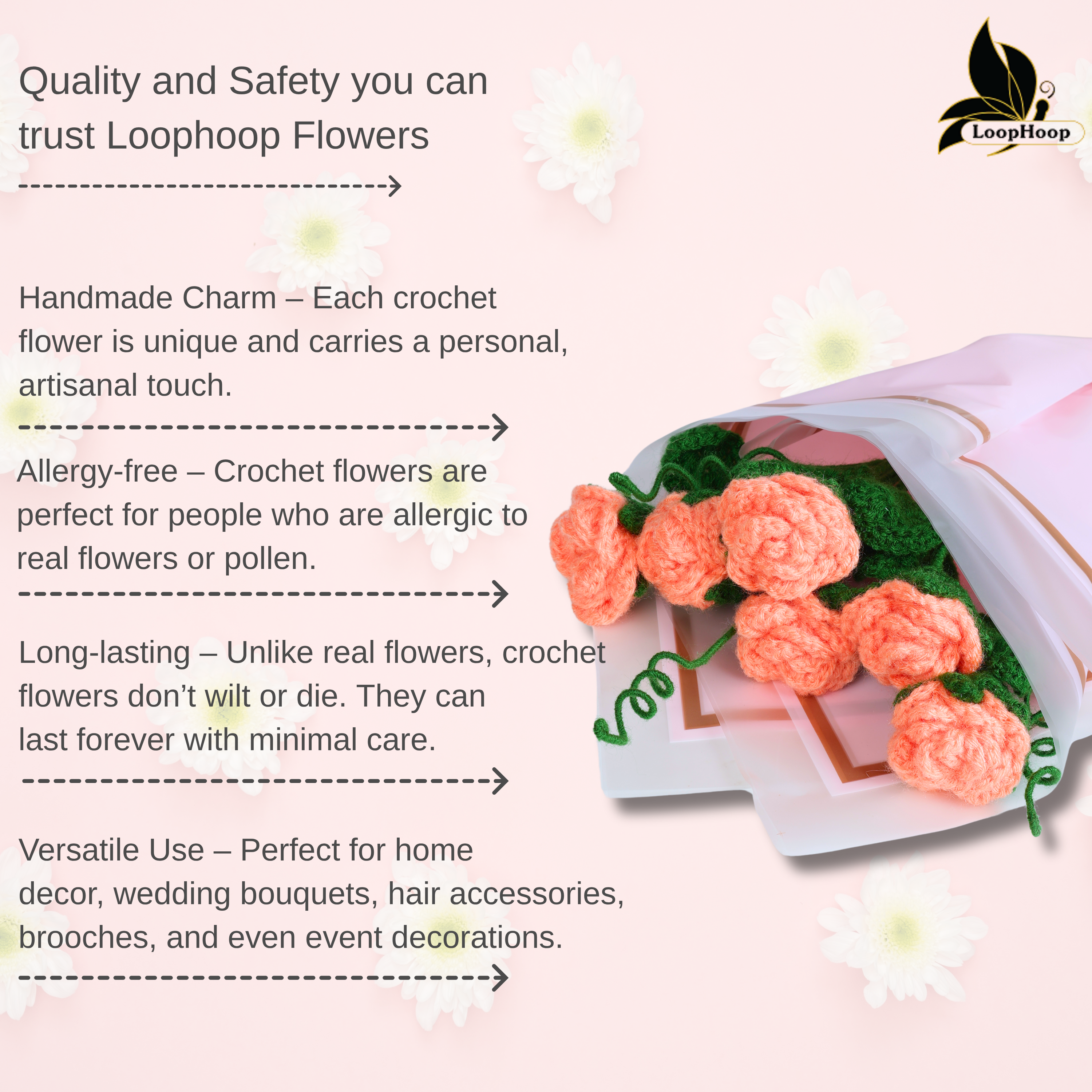 Crochet Handmade Peach Rose Bouquet- 6 steam