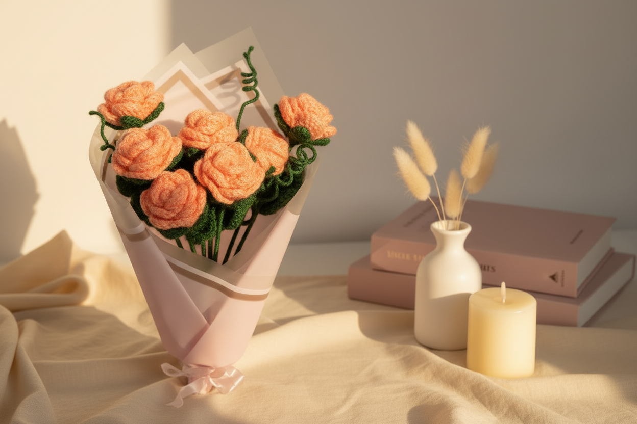 Crochet Handmade Peach Rose Bouquet- 6 steam