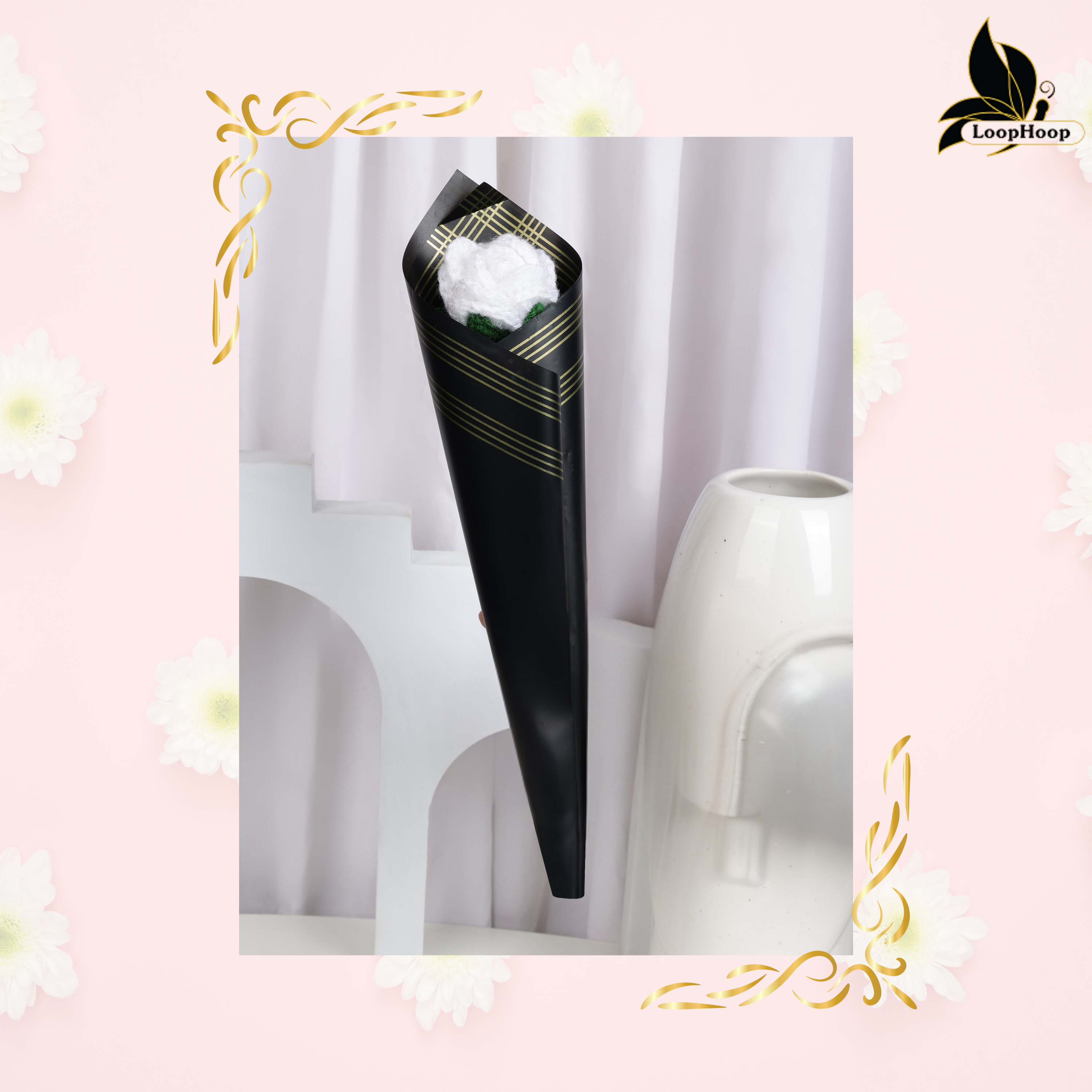 Crochet Handmade White Rose - 1 steam