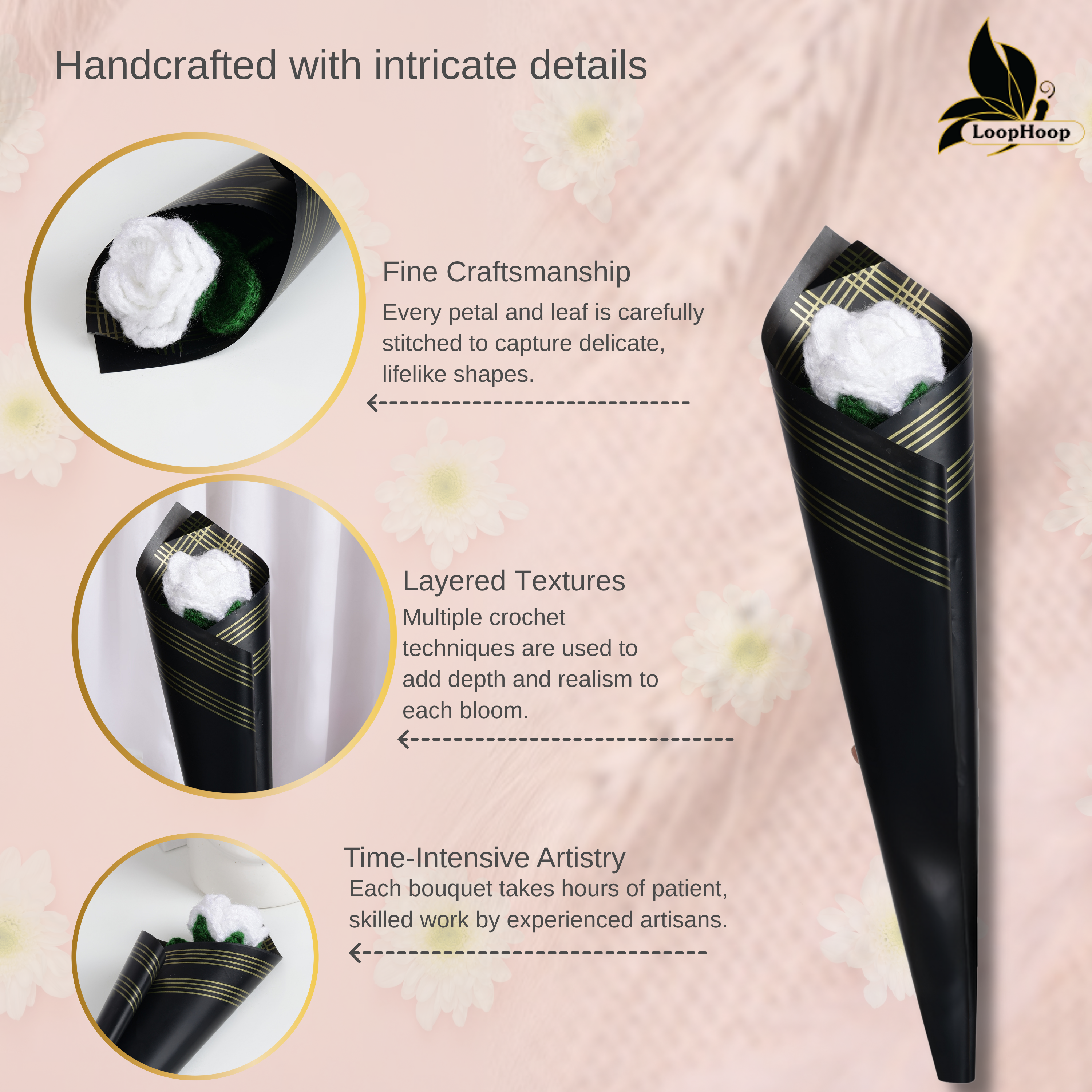 Crochet Handmade White Rose - 1 steam