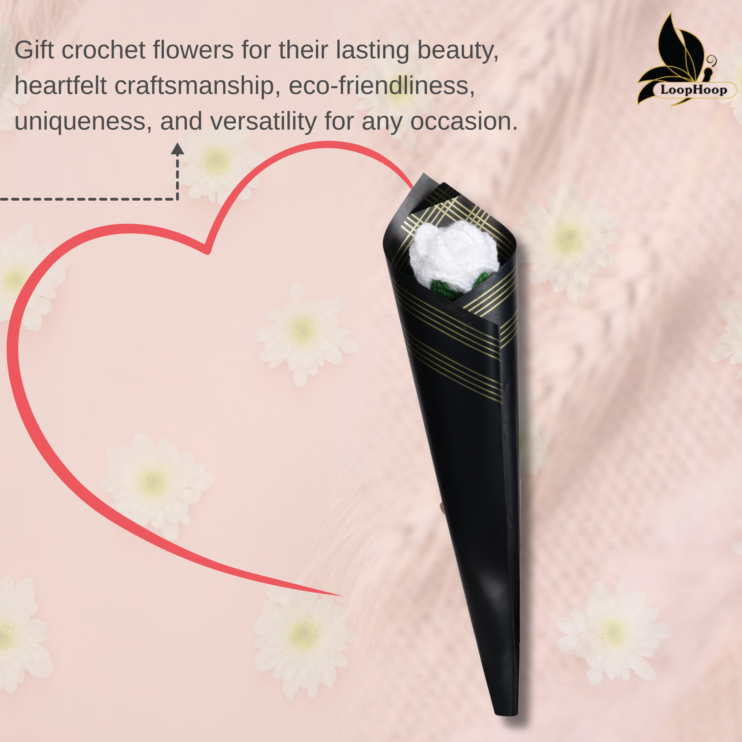 Crochet Handmade White Rose - 1 steam