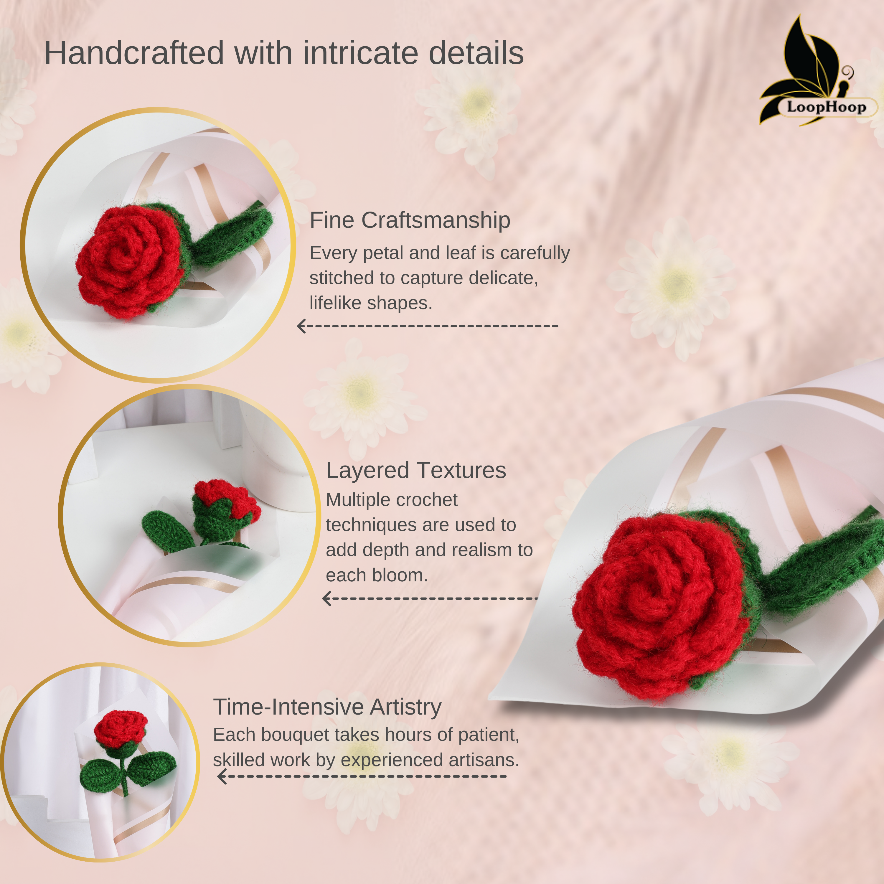 Crochet Handmade Red Rose Bouquet- 1 steam