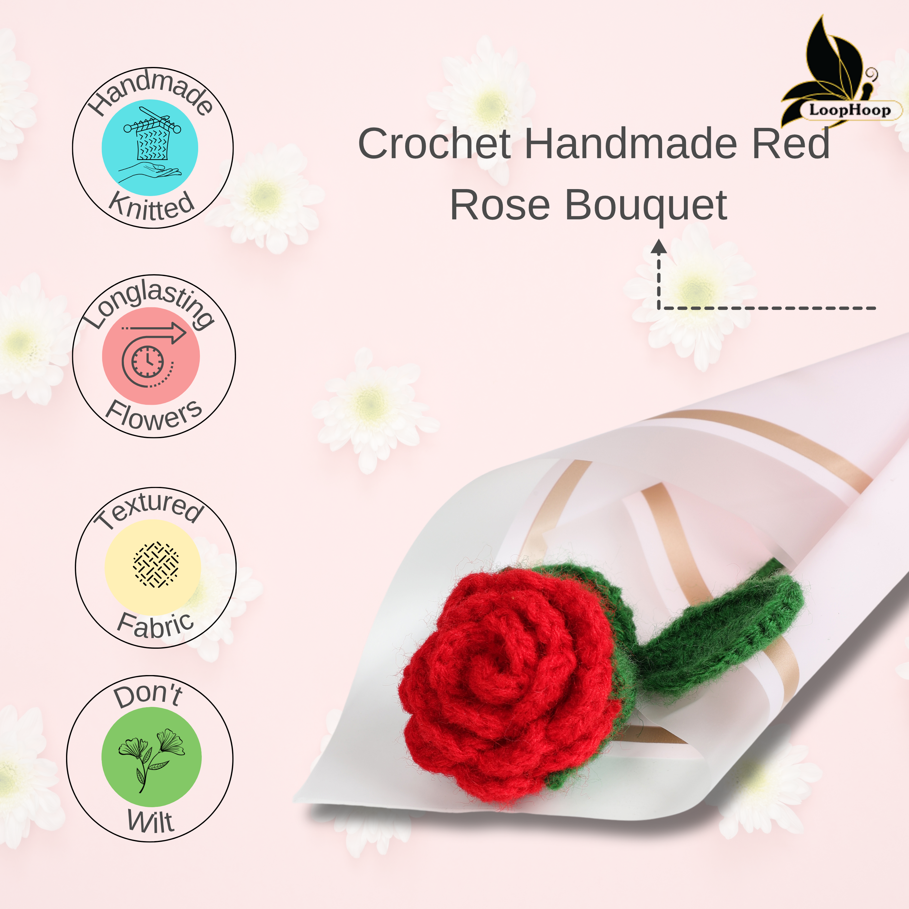 Crochet Handmade Red Rose Bouquet- 1 steam