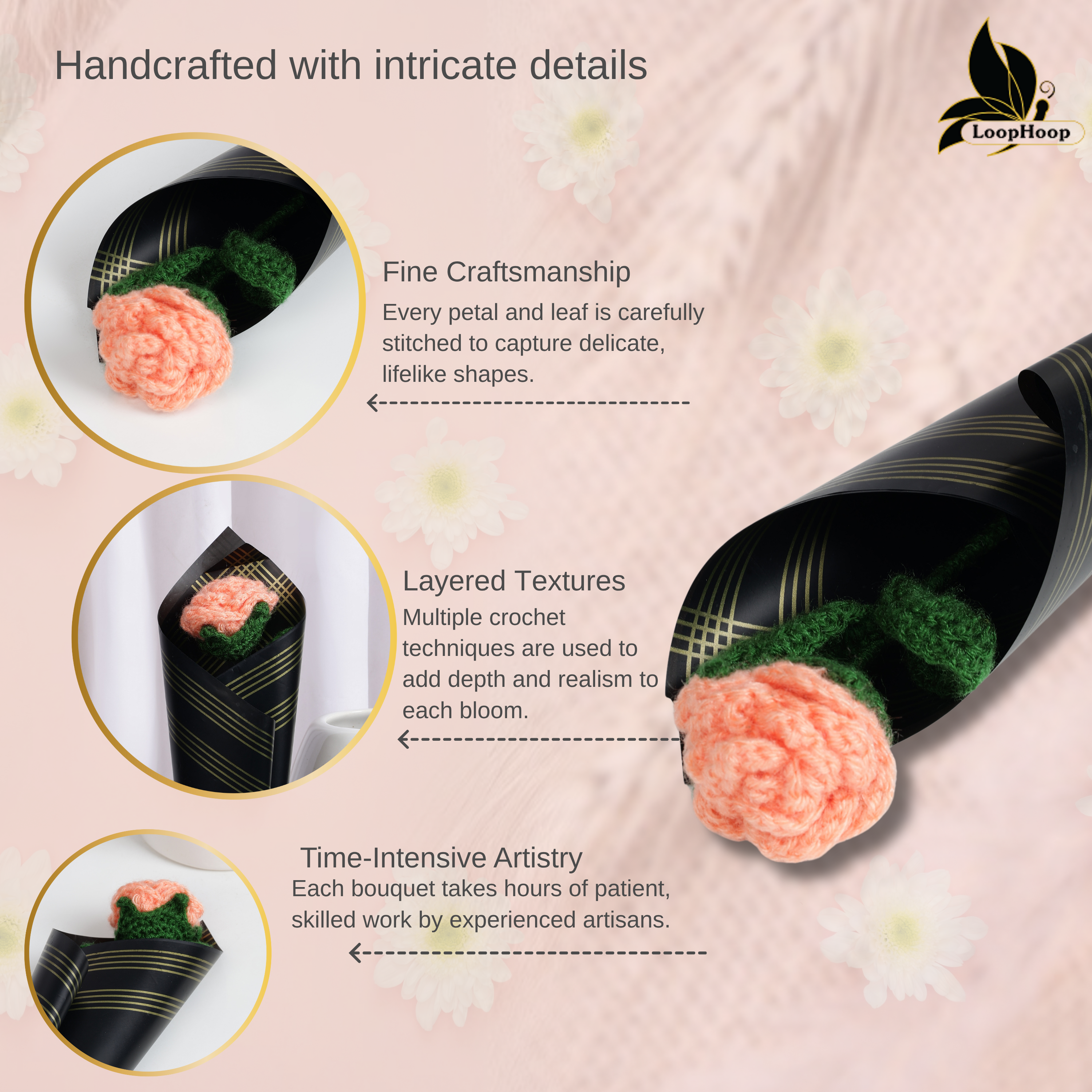 Crochet Handmade Peach Rose Bouquet- 1 steam