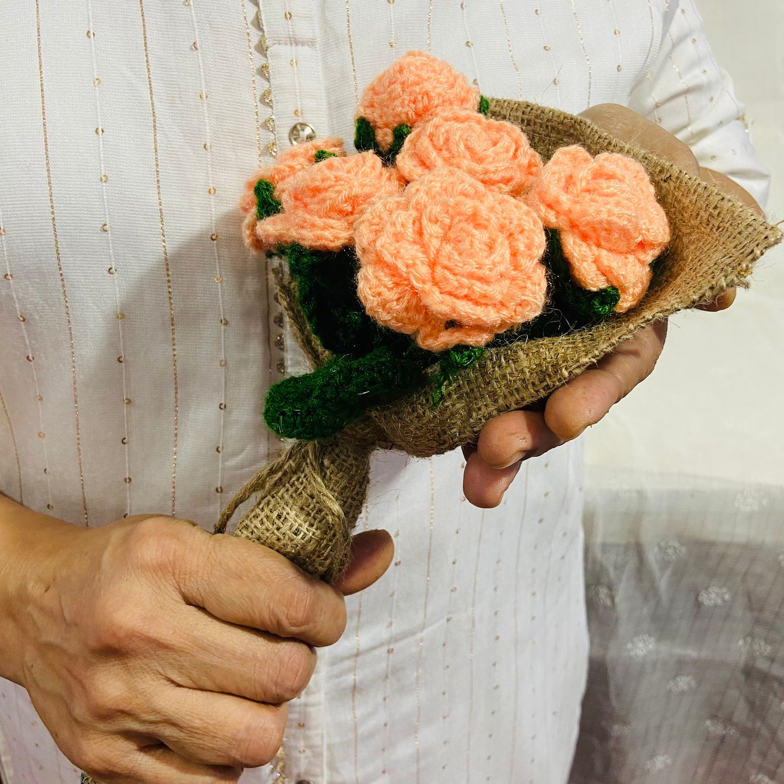 Floral Bliss Crochet Flower Peach Rose Bouquet (6 Steams)