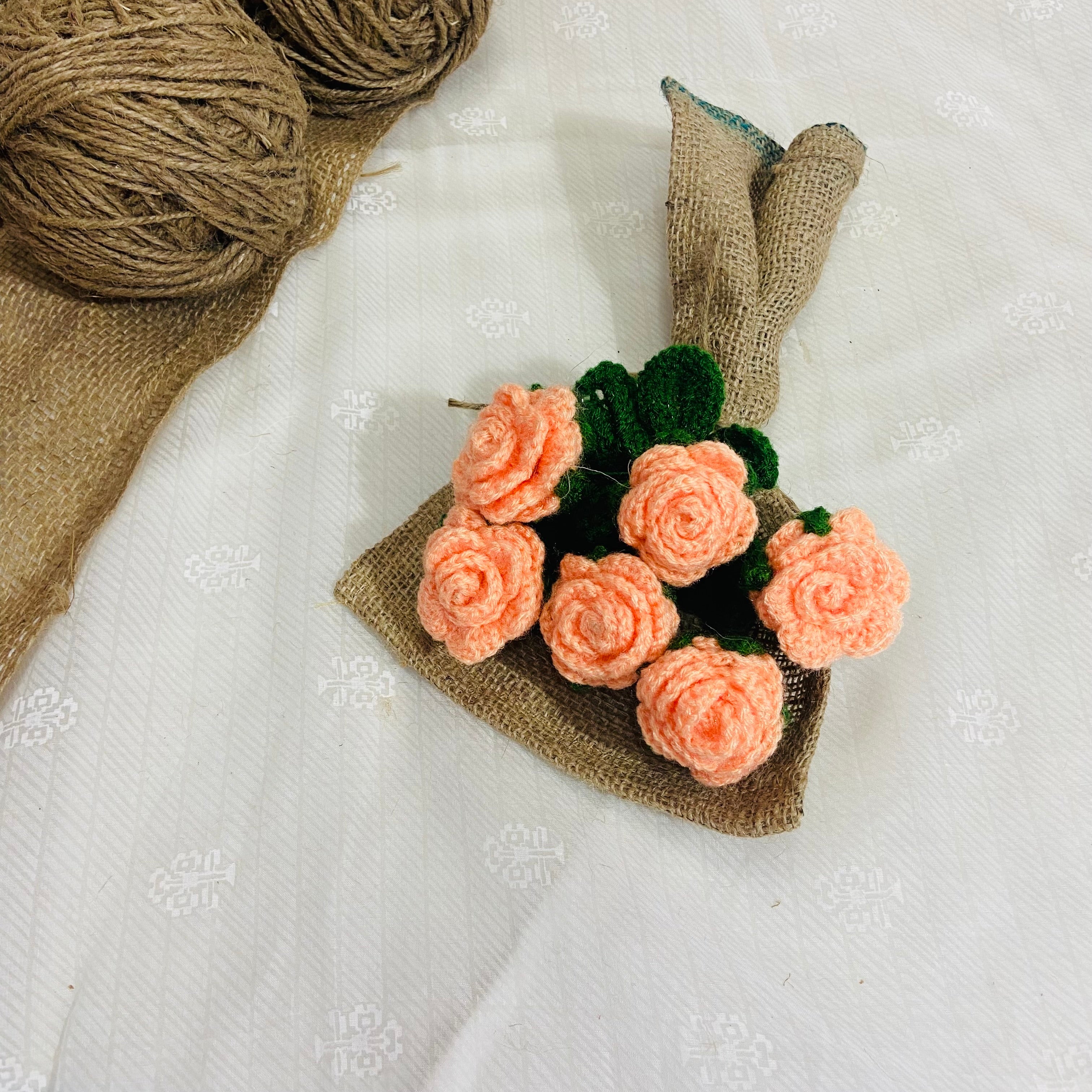 Floral Bliss Crochet Flower Peach Rose Bouquet (6 Steams)