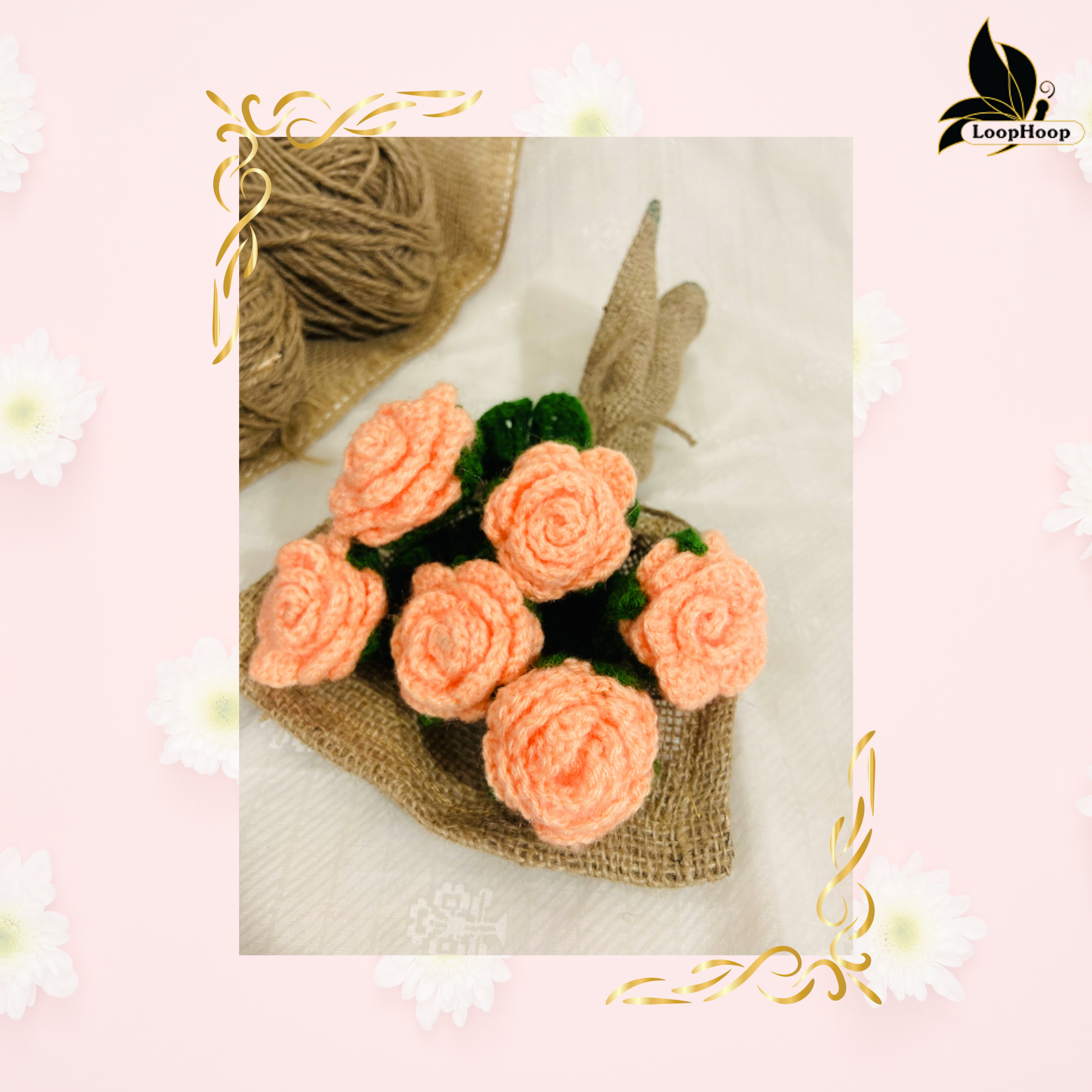 Floral Bliss Crochet Flower Peach Rose Bouquet (6 Steams)