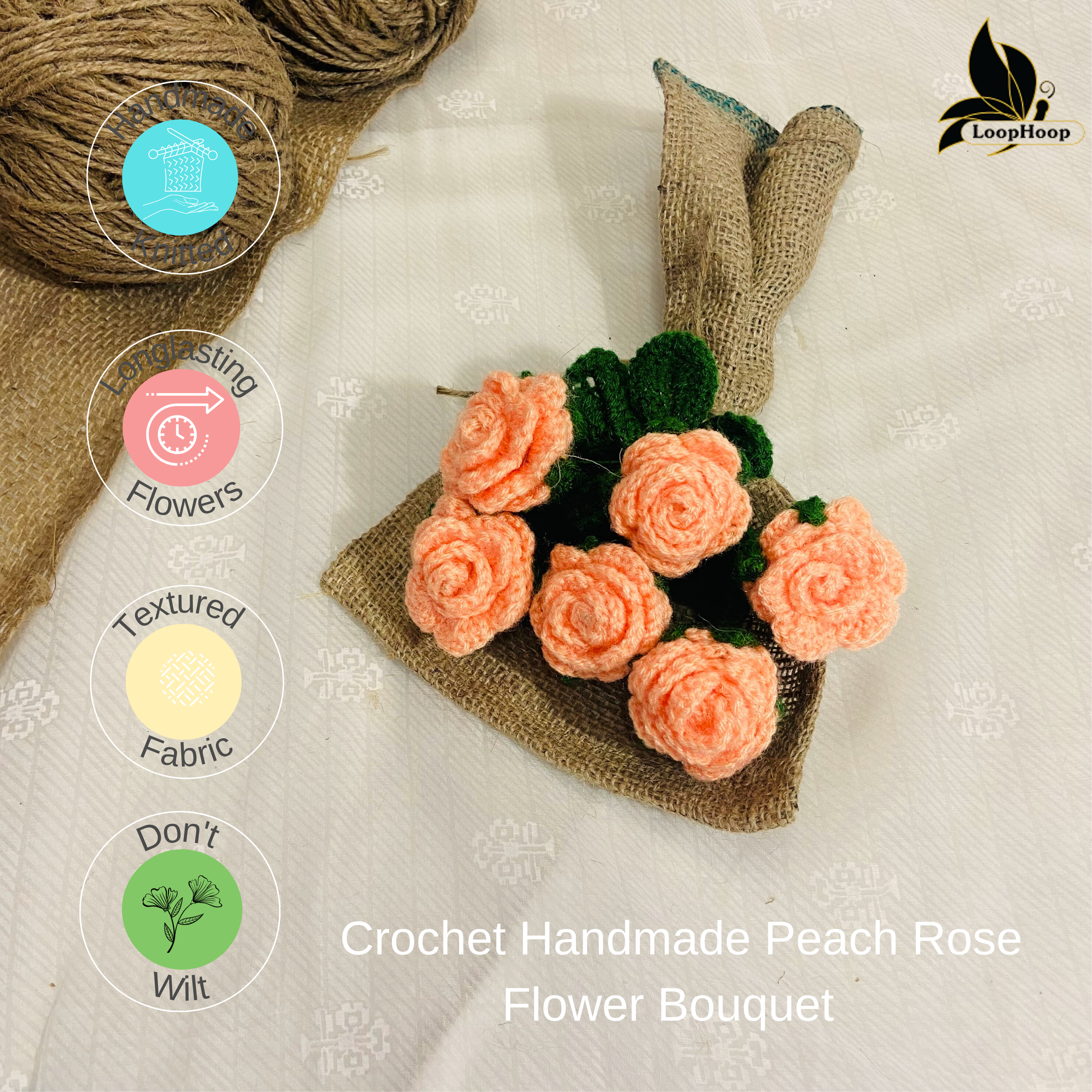 Floral Bliss Crochet Flower Peach Rose Bouquet (6 Steams)