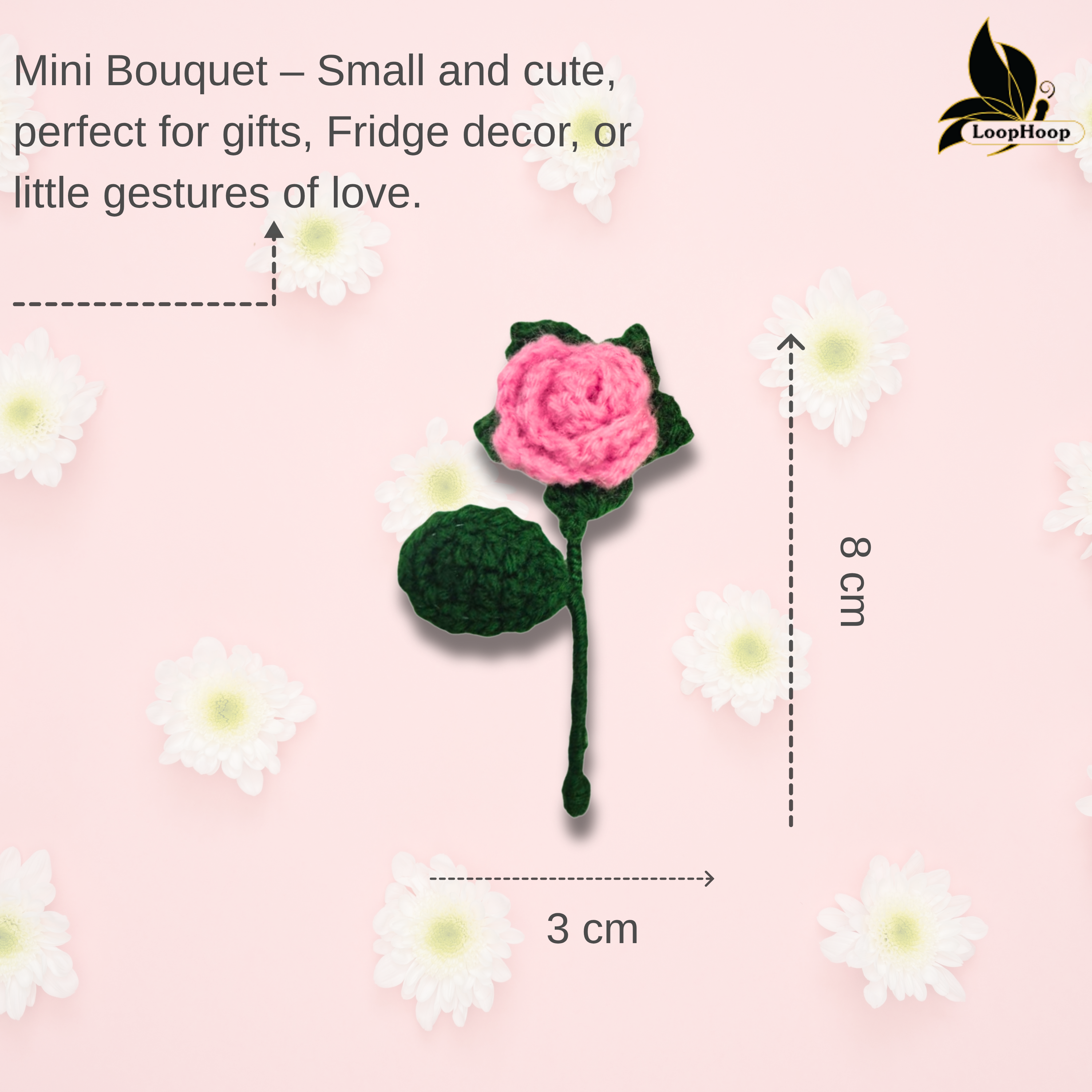 Crochet Handmade Pink Rose Fridge magnet (1 steam)