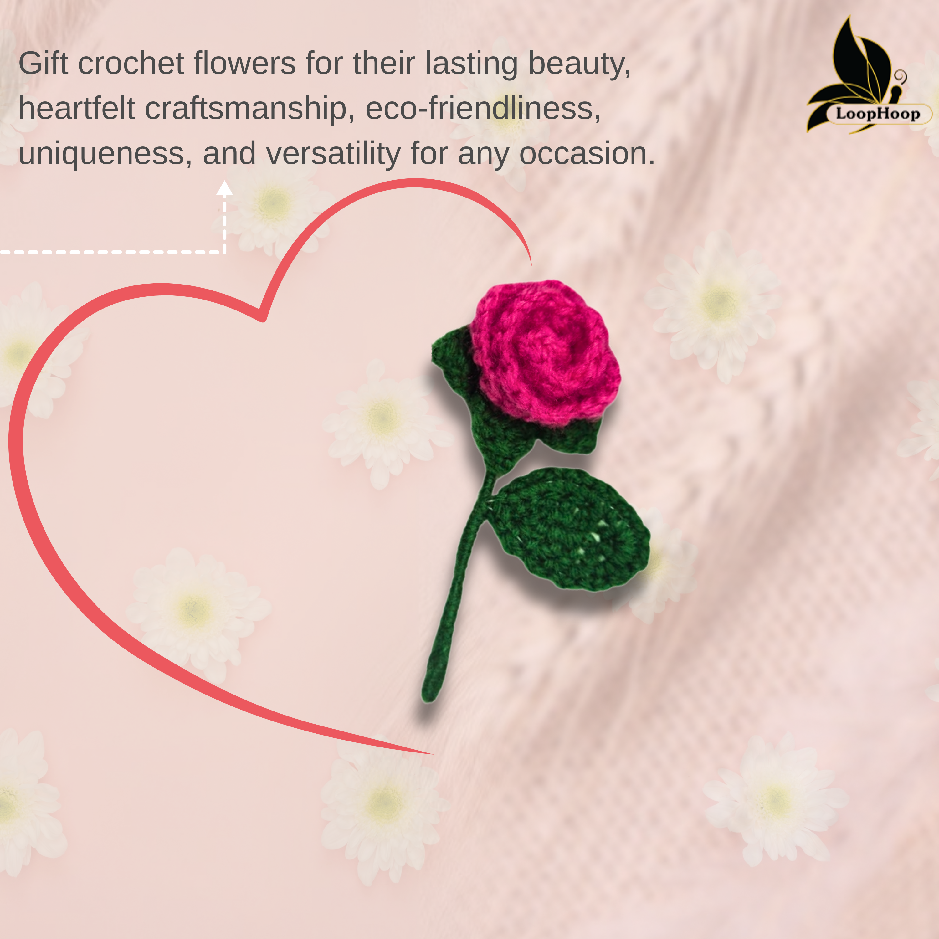 Crochet Handmade Pink Rose Fridge Magnet (1 steam)