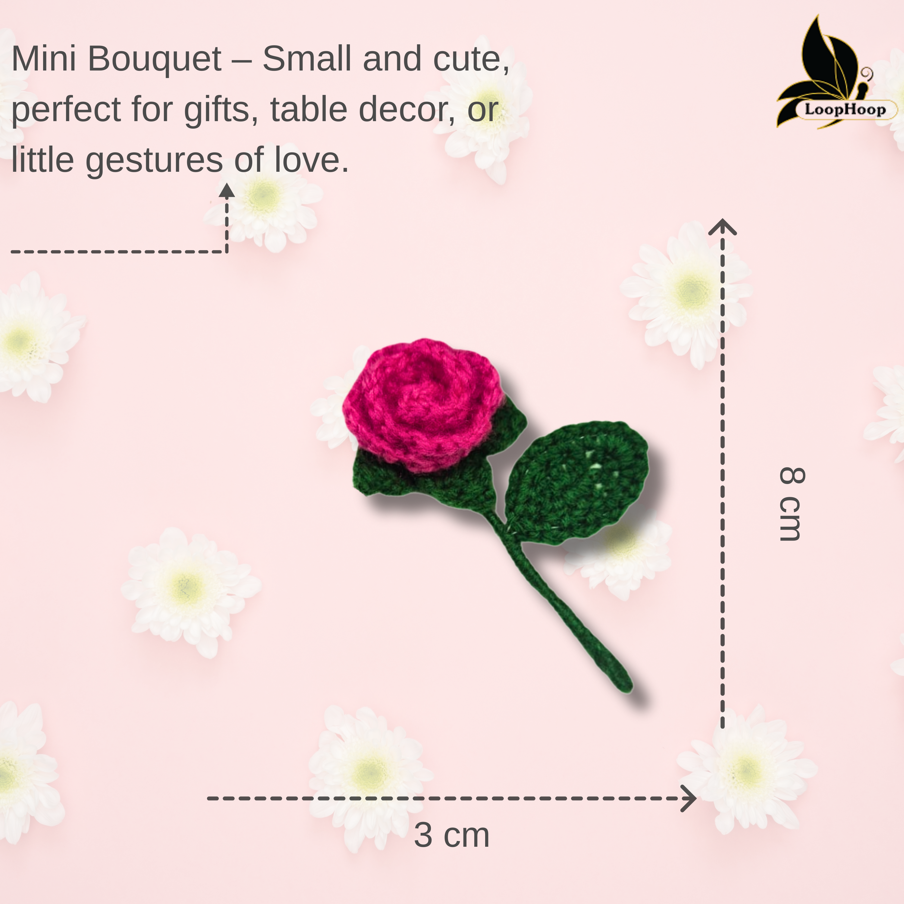 Crochet Handmade Pink Rose Fridge Magnet (1 steam)