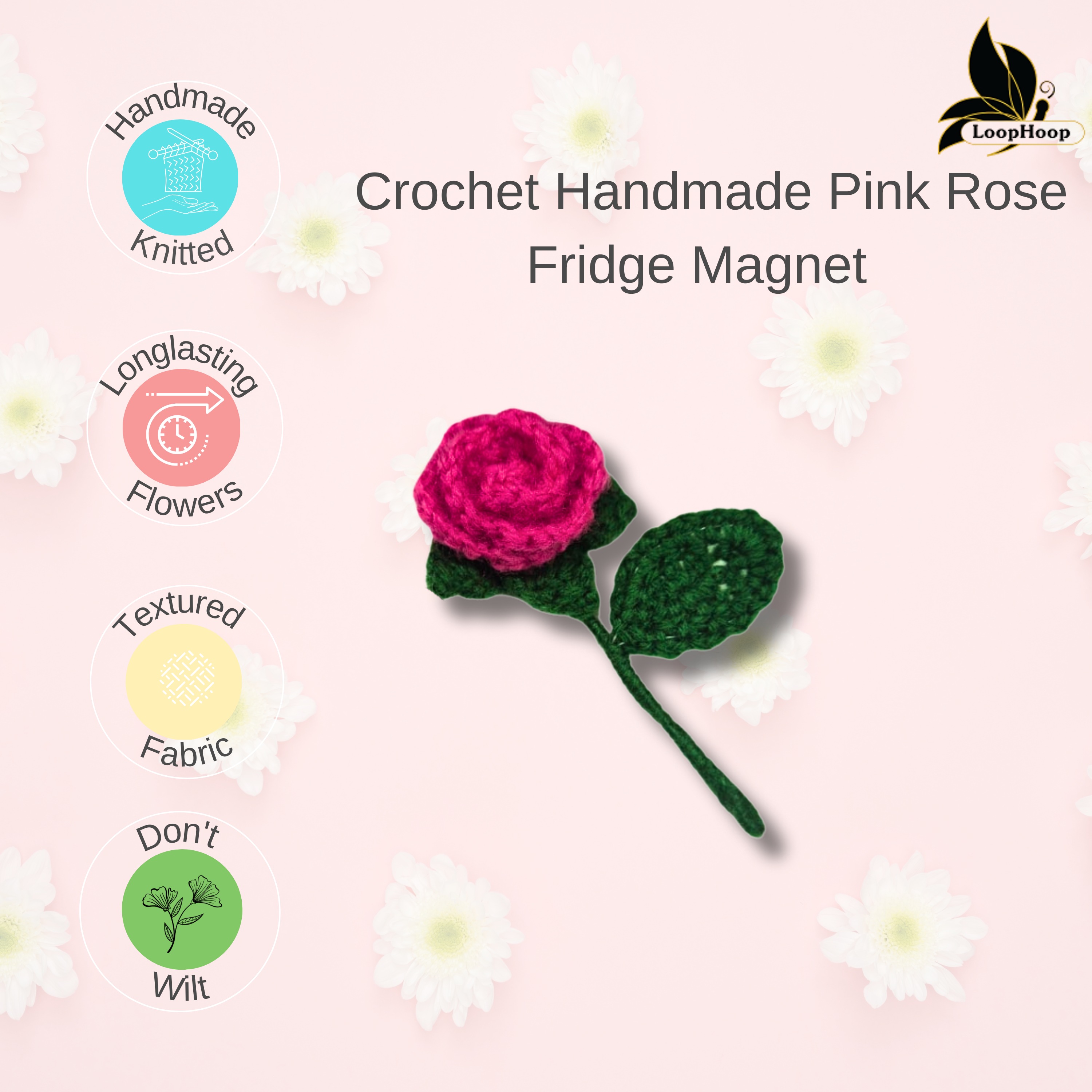 Crochet Handmade Pink Rose Fridge Magnet (1 steam)