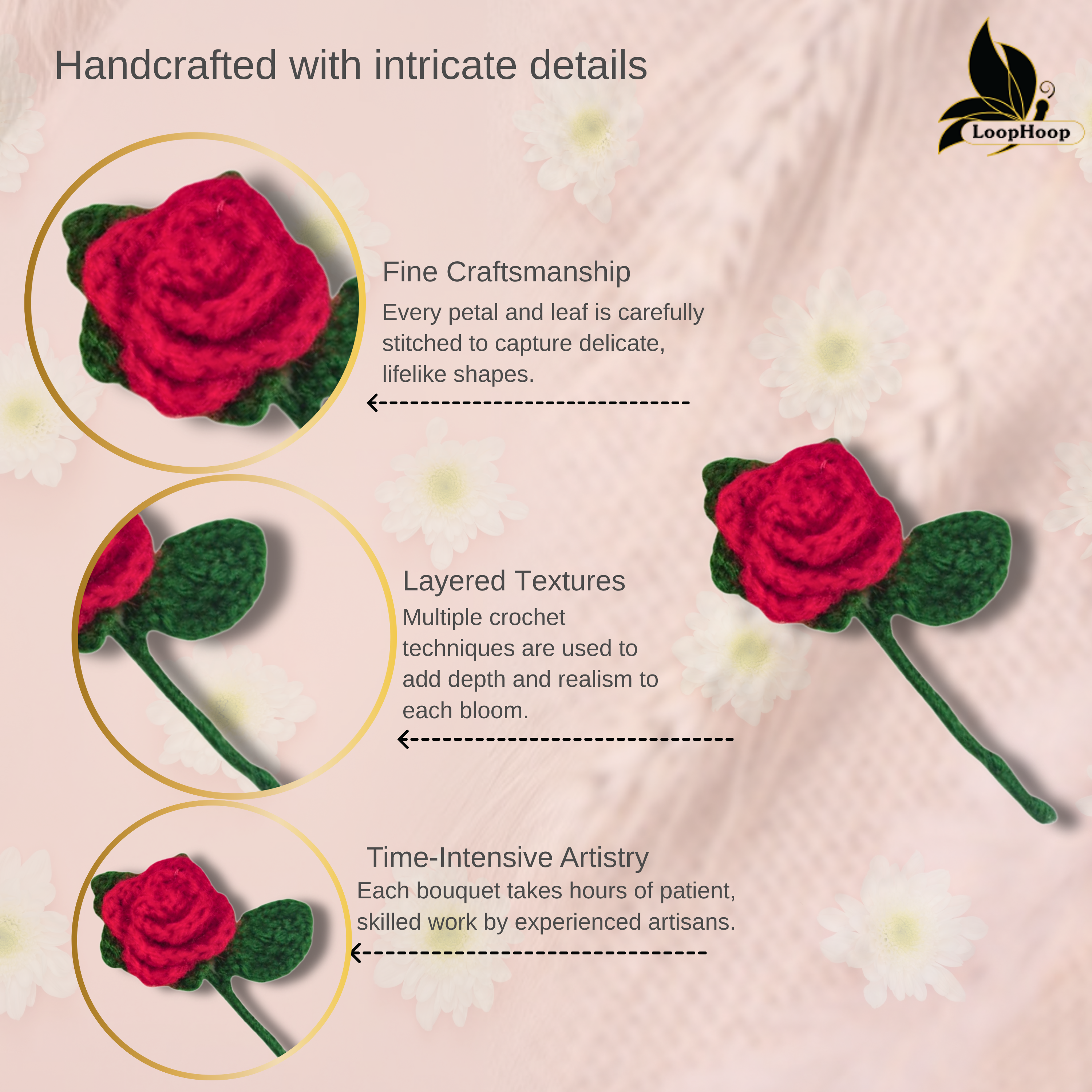 Crochet Handmade Red Rose Fridge Magnet (1 steam)