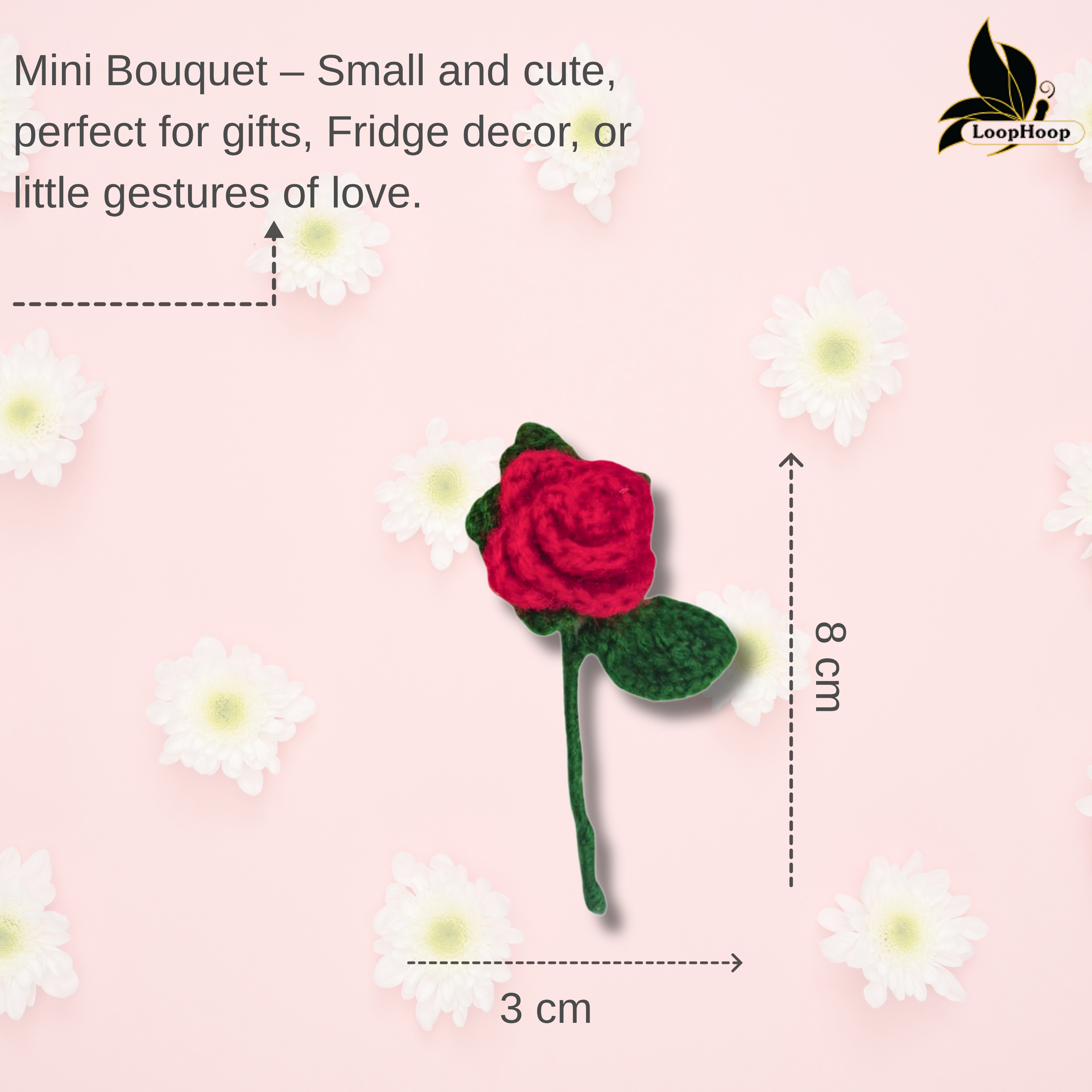 Crochet Handmade Red Rose Fridge Magnet (1 steam)