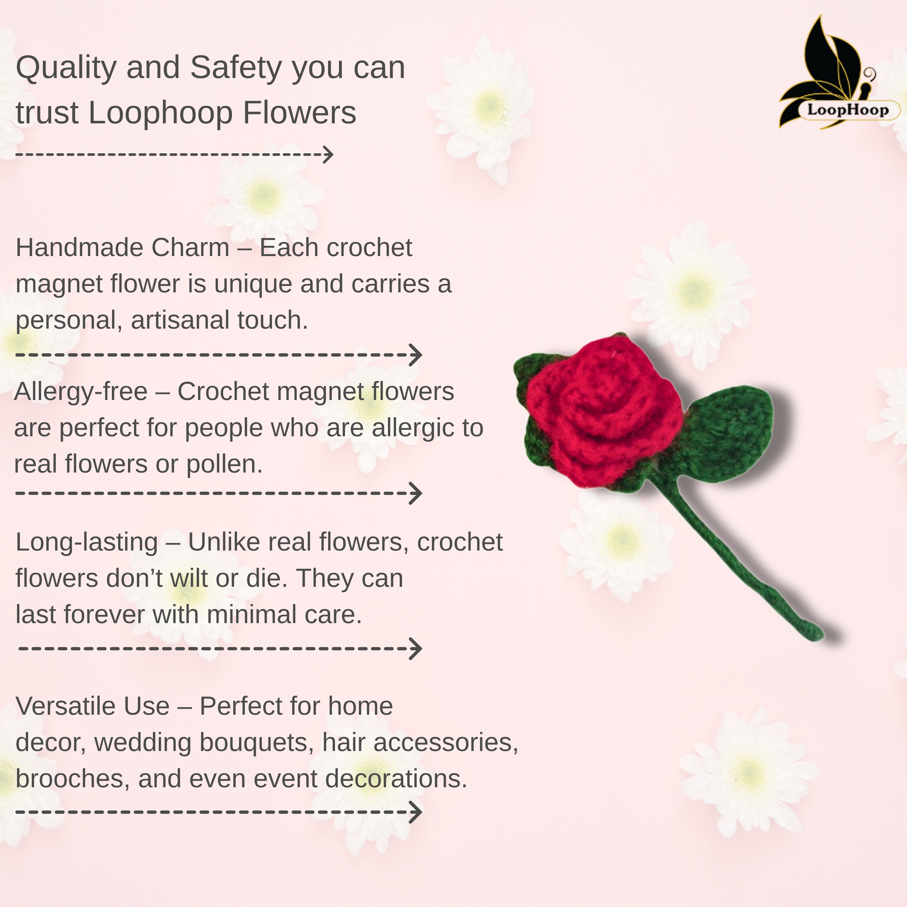 Crochet Handmade Red Rose Fridge Magnet (1 steam)