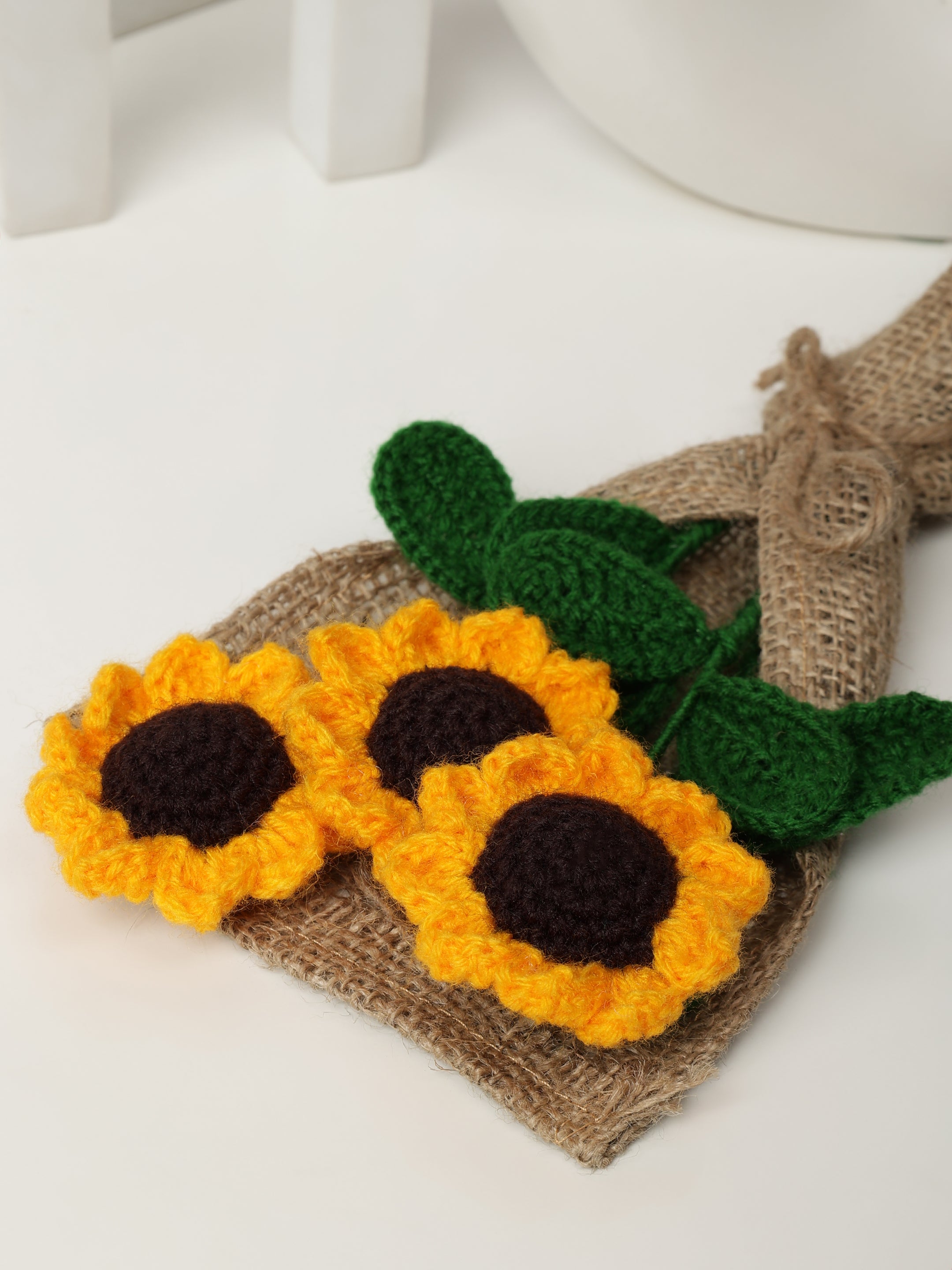 Crochet Handmade Yellow Sunflower Bouquet- 3 steam
