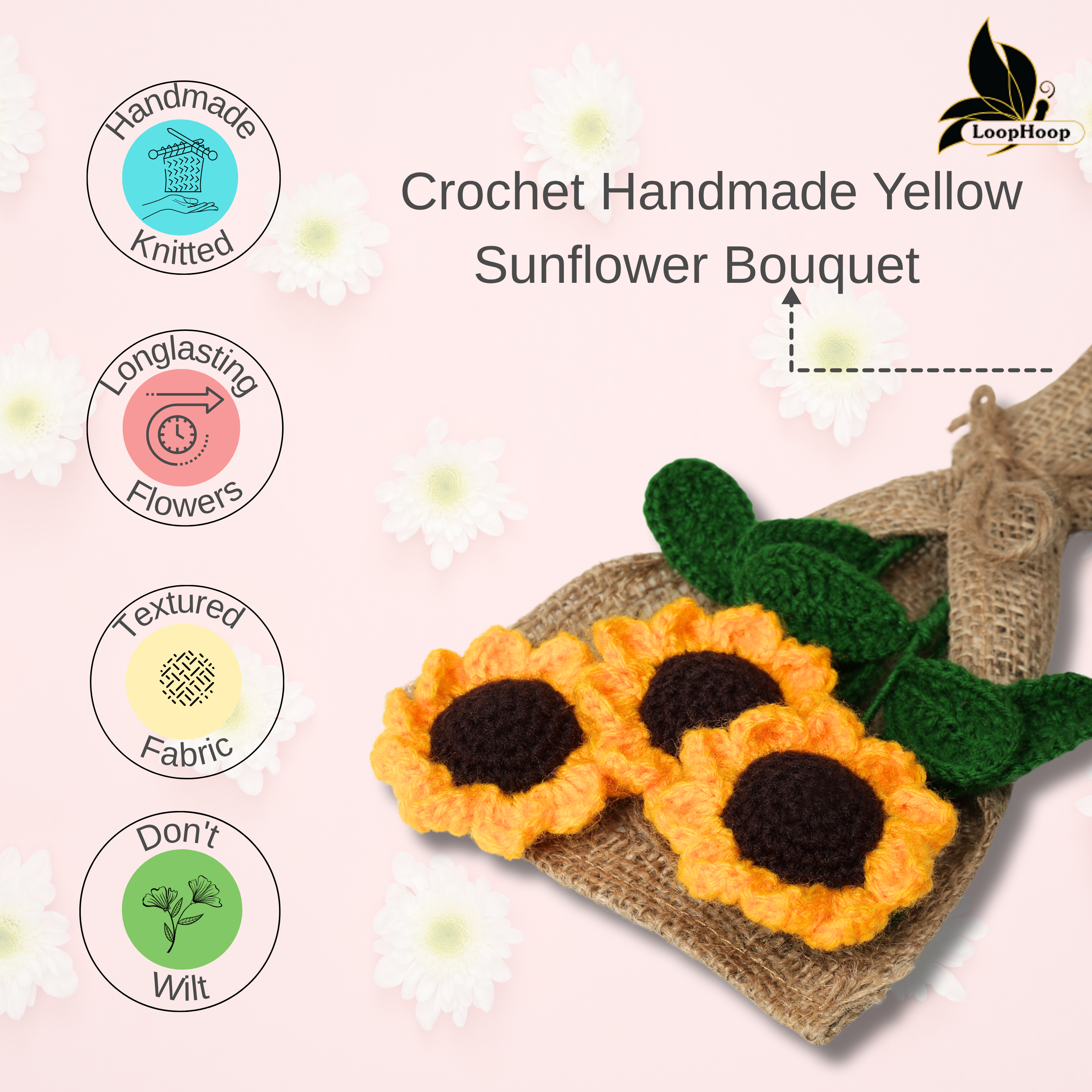 Crochet Handmade Yellow Sunflower Bouquet- 3 steam