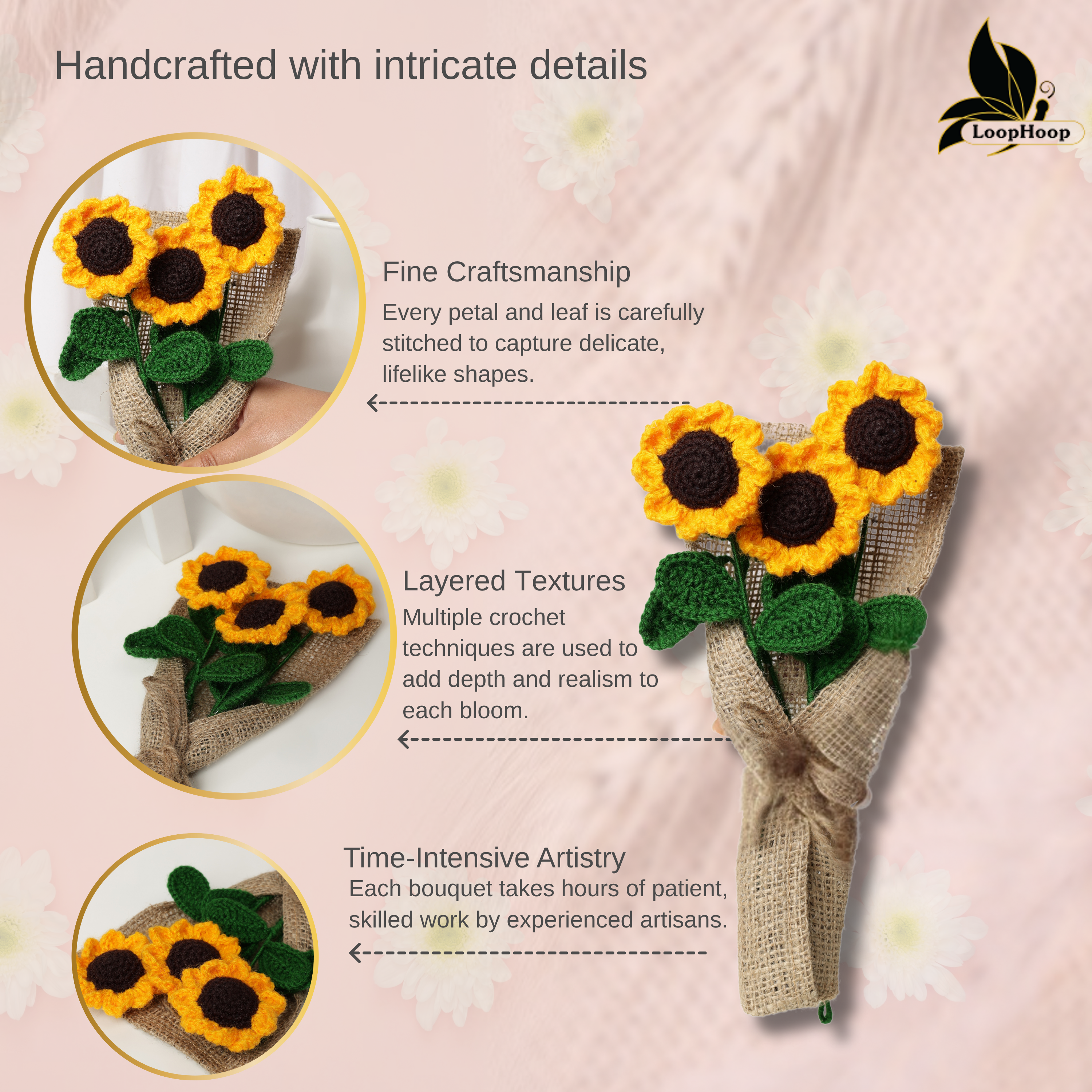 Crochet Handmade Yellow Sunflower Bouquet- 3 steam