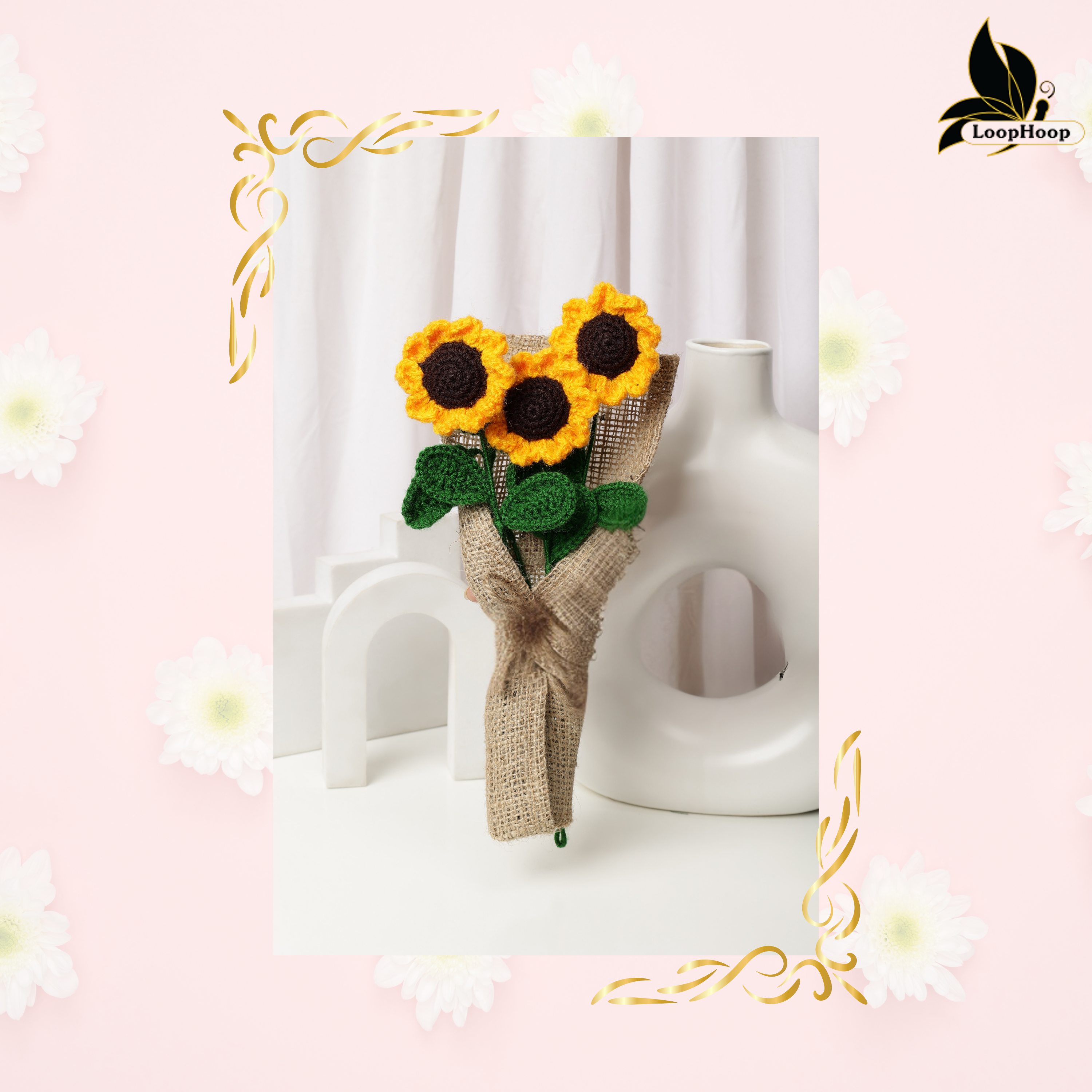 Crochet Handmade Yellow Sunflower Bouquet- 3 steam