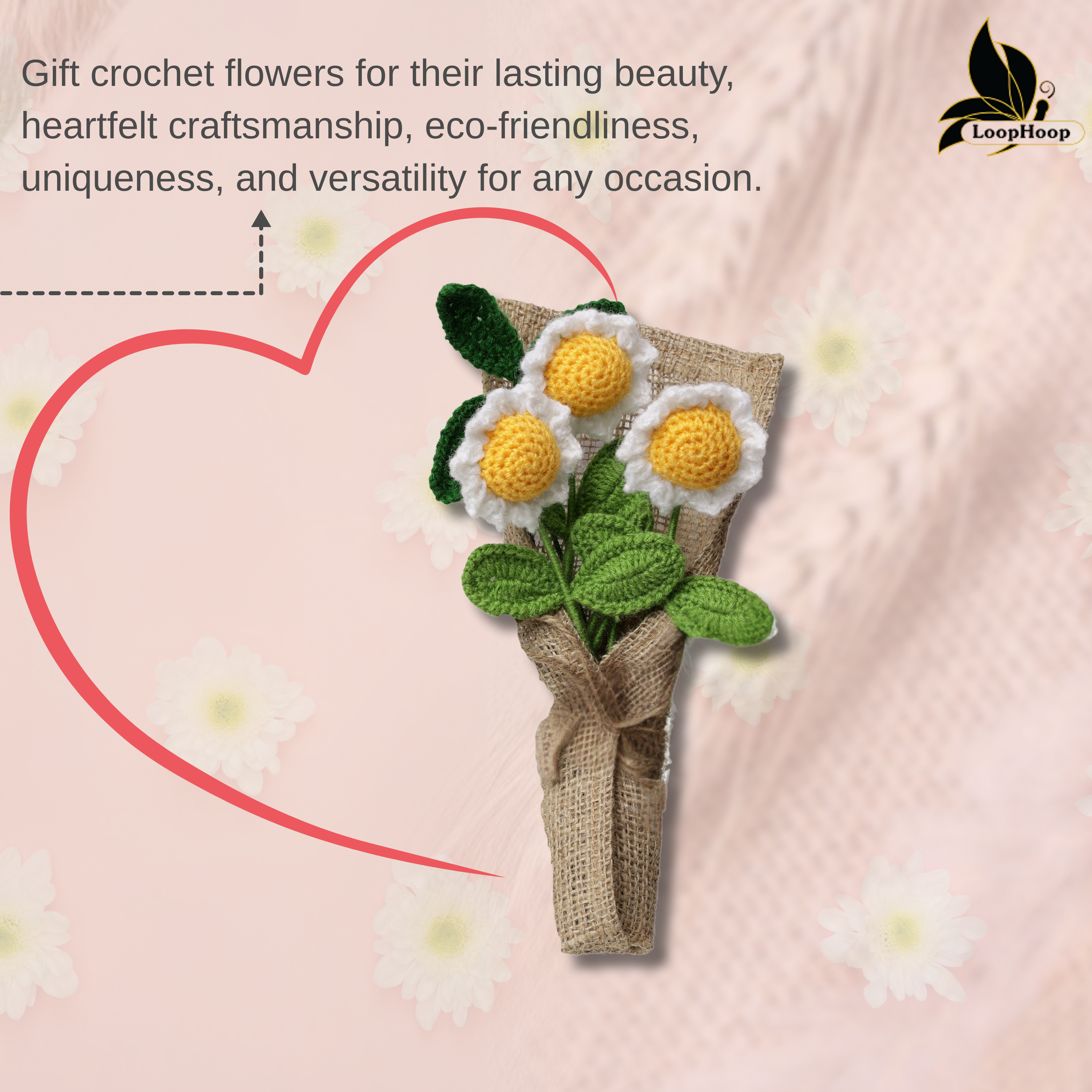 Crochet Handmade White Sunflower Bouquet - 4 steam