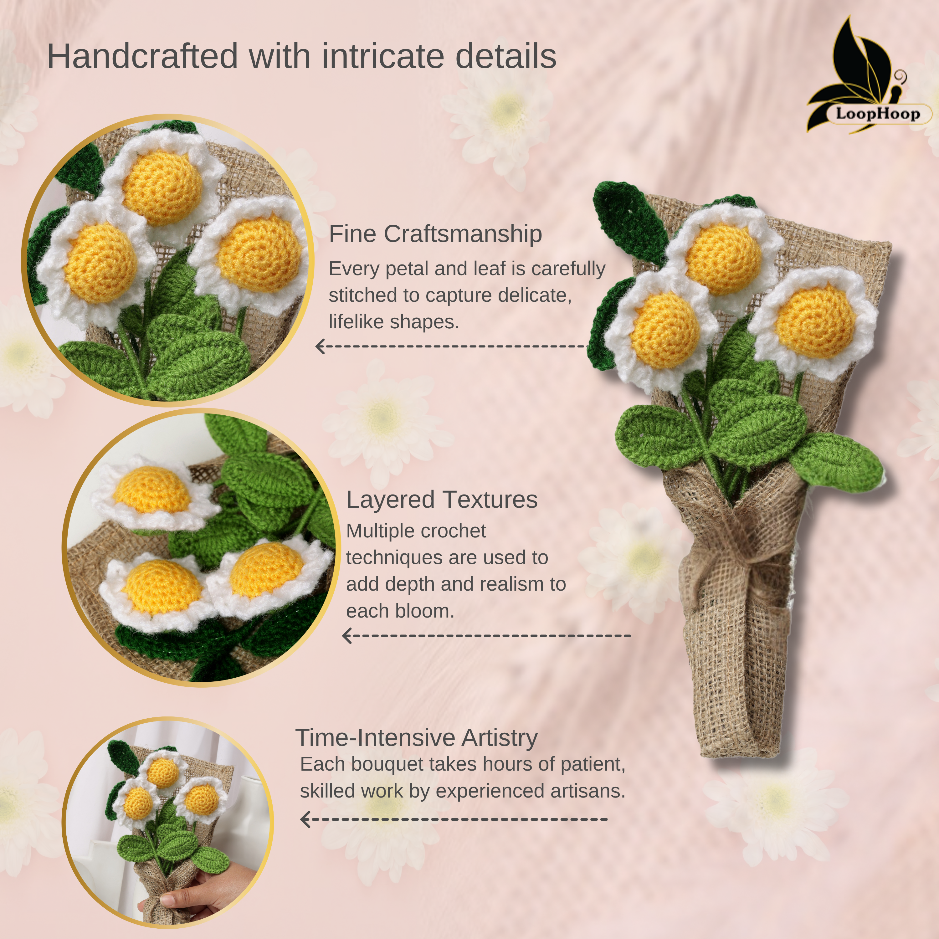 Crochet Handmade White Sunflower Bouquet - 4 steam