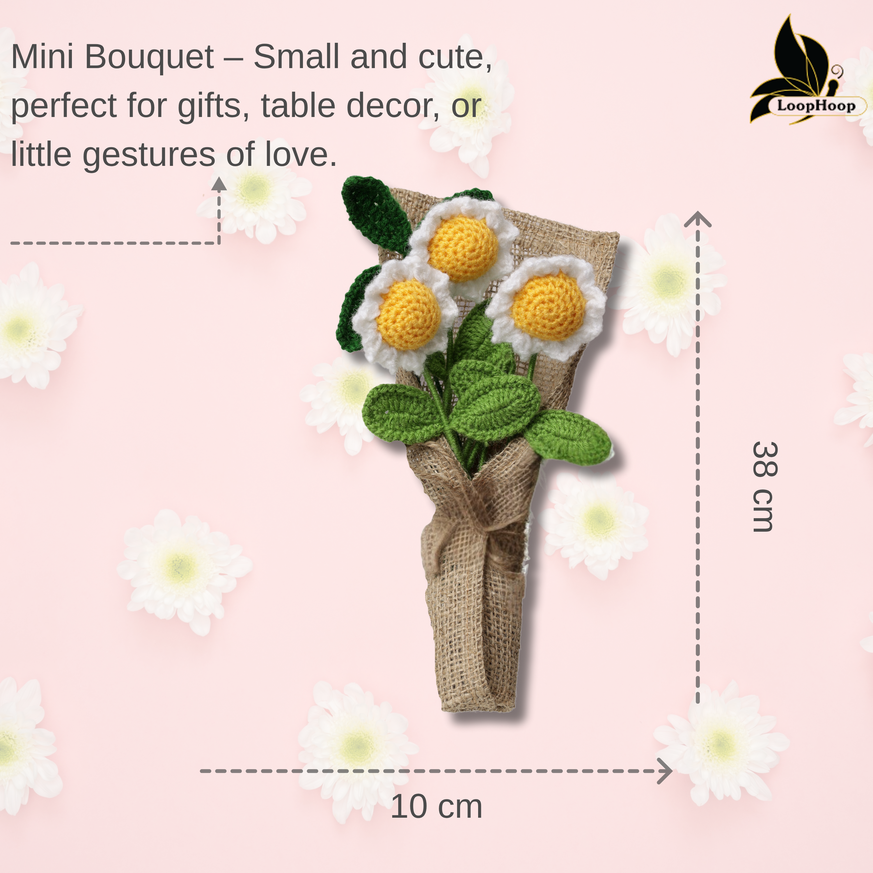 Crochet Handmade White Sunflower Bouquet - 4 steam