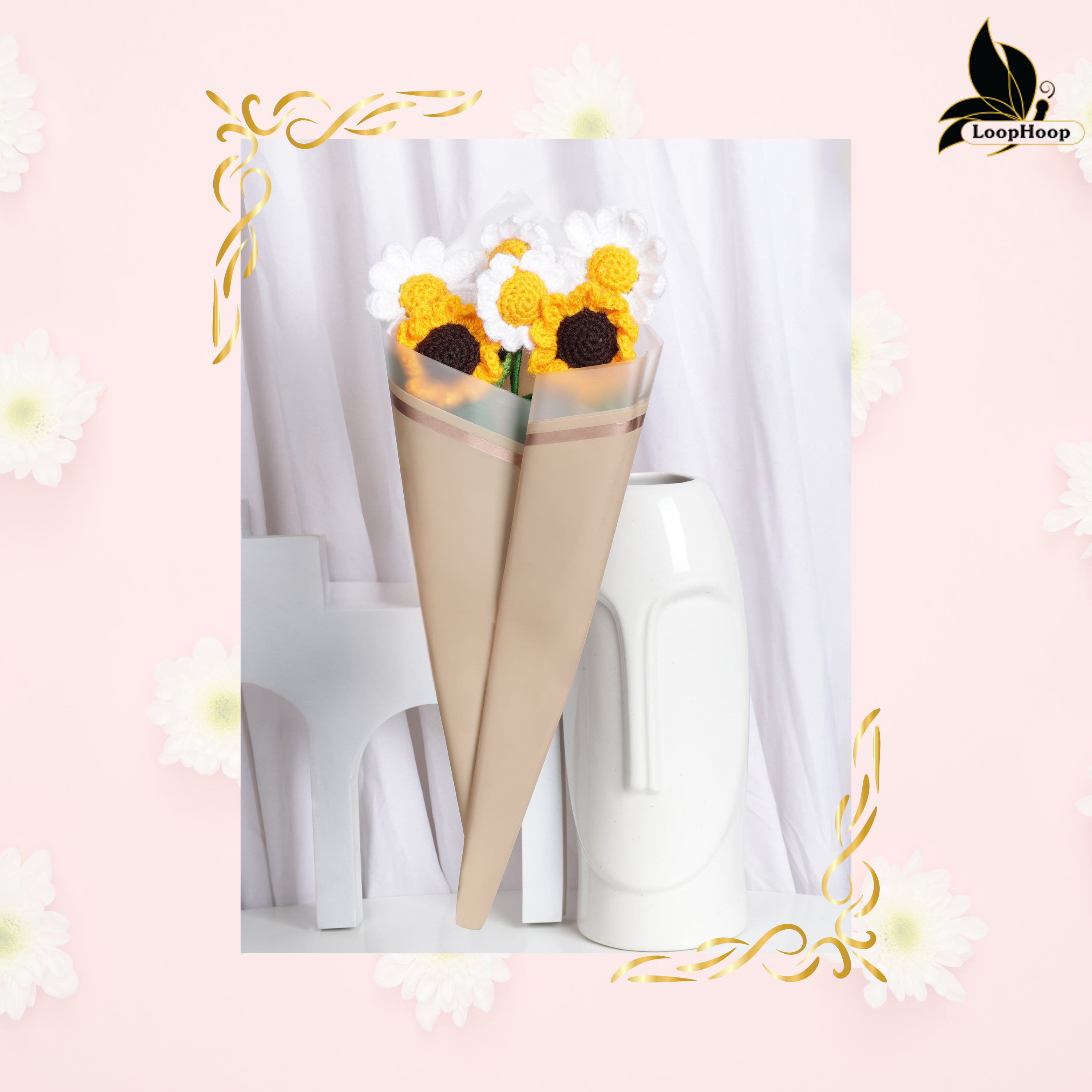 Crochet Handmade Sunflower And Daisy Flower Bouquet - 6 steam