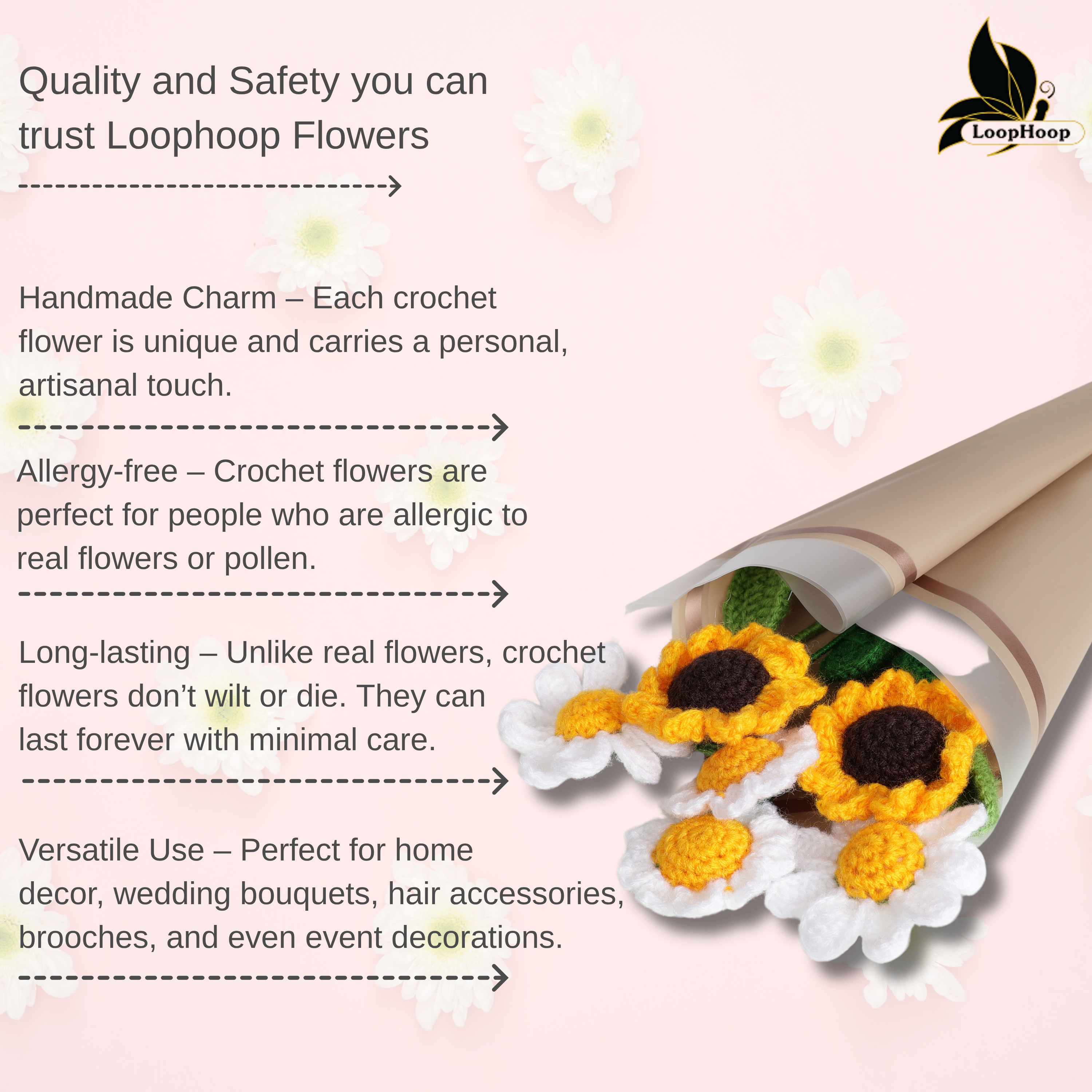 Crochet Handmade Sunflower And Daisy Flower Bouquet - 6 steam