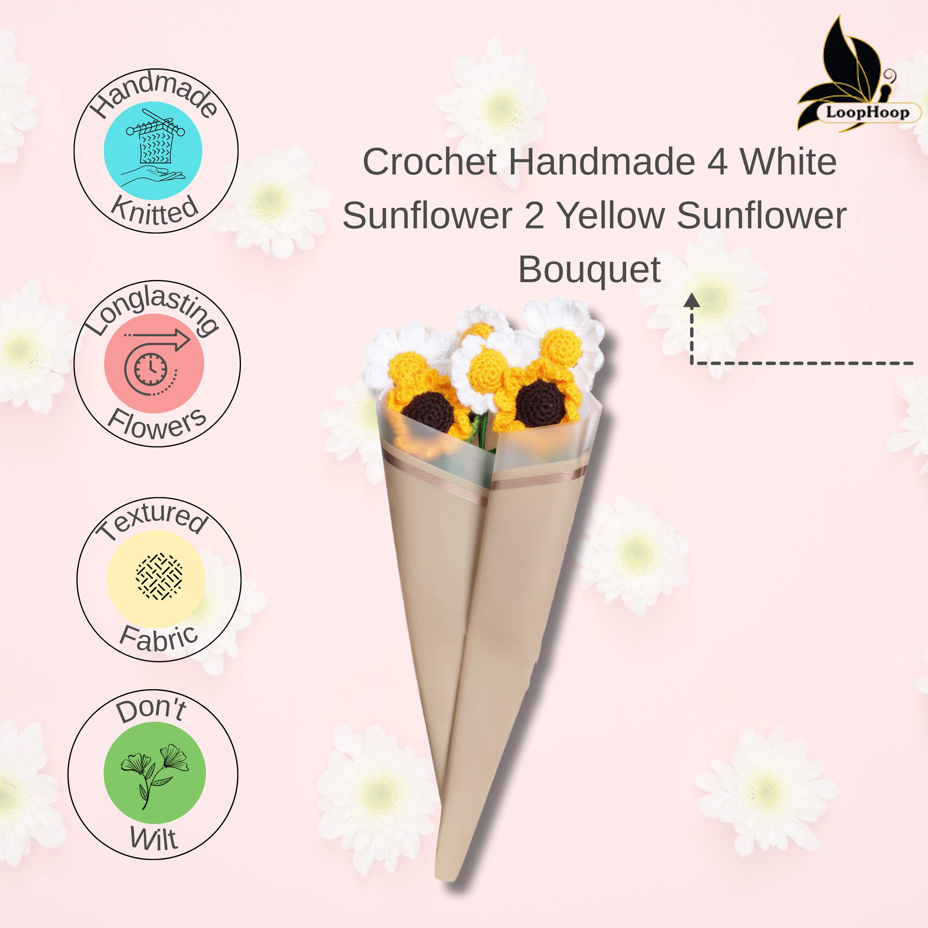 Crochet Handmade Sunflower And Daisy Flower Bouquet - 6 steam