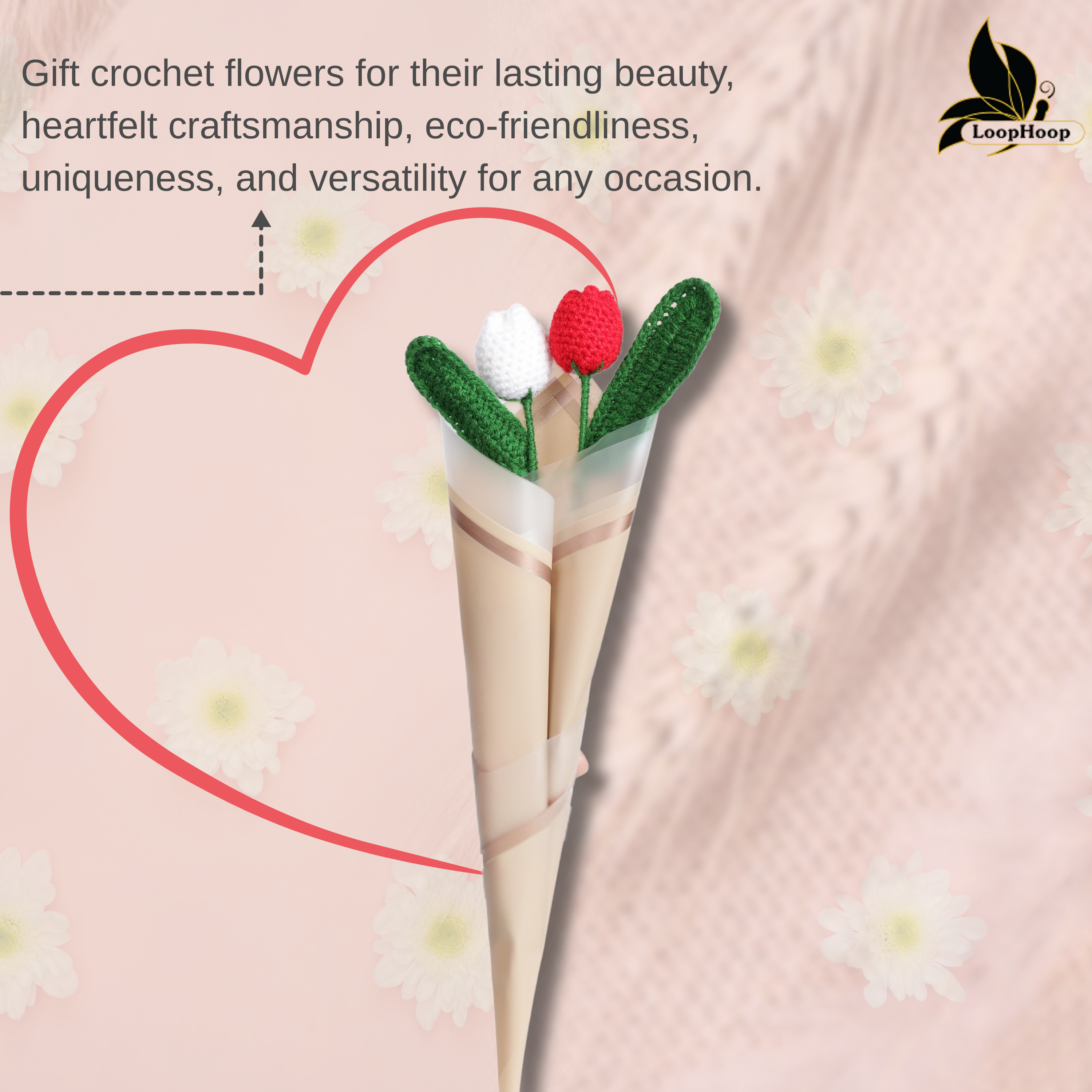 Crochet Handmade White Tulip And Red Tulip  Bouquet- 2 steam