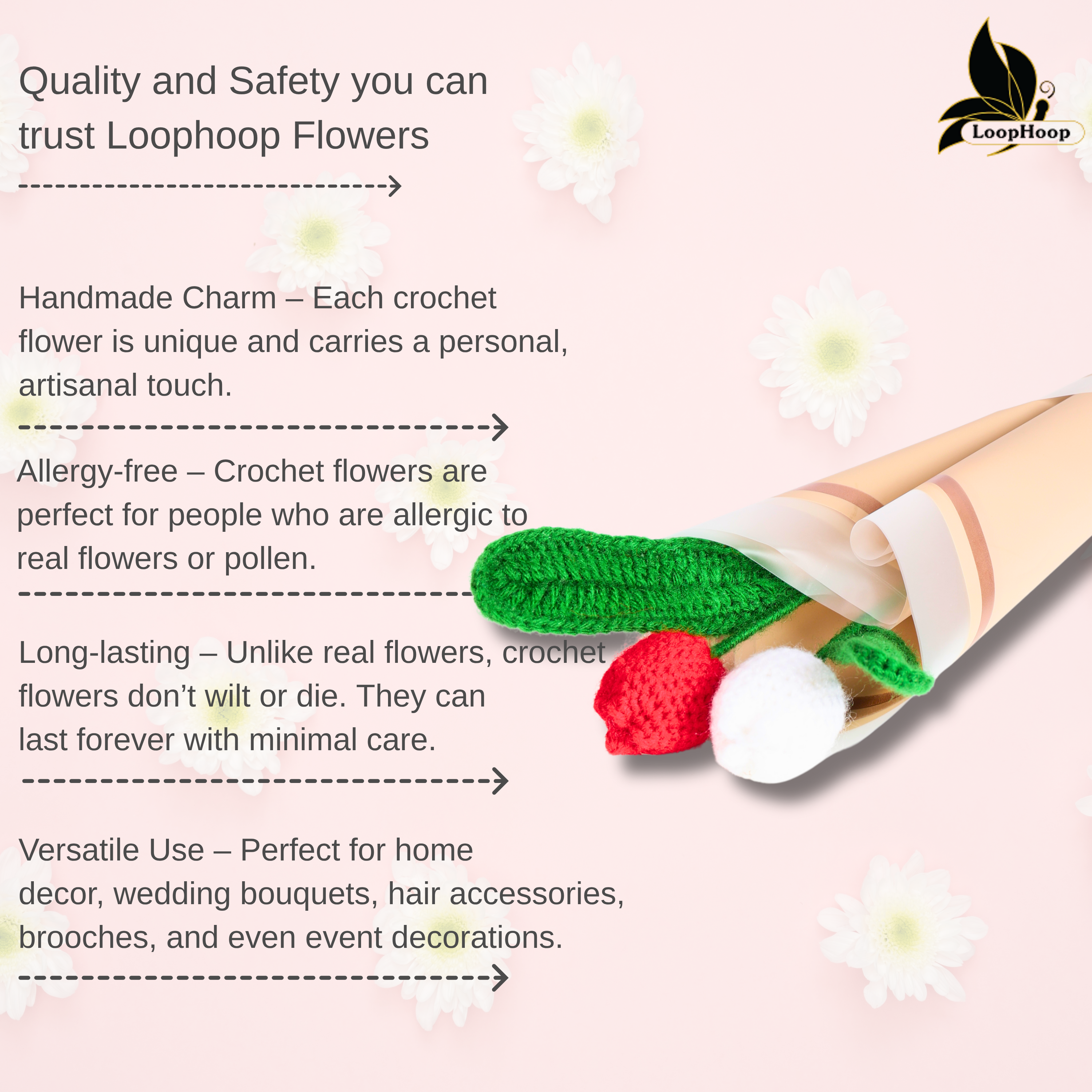 Crochet Handmade White Tulip And Red Tulip  Bouquet- 2 steam