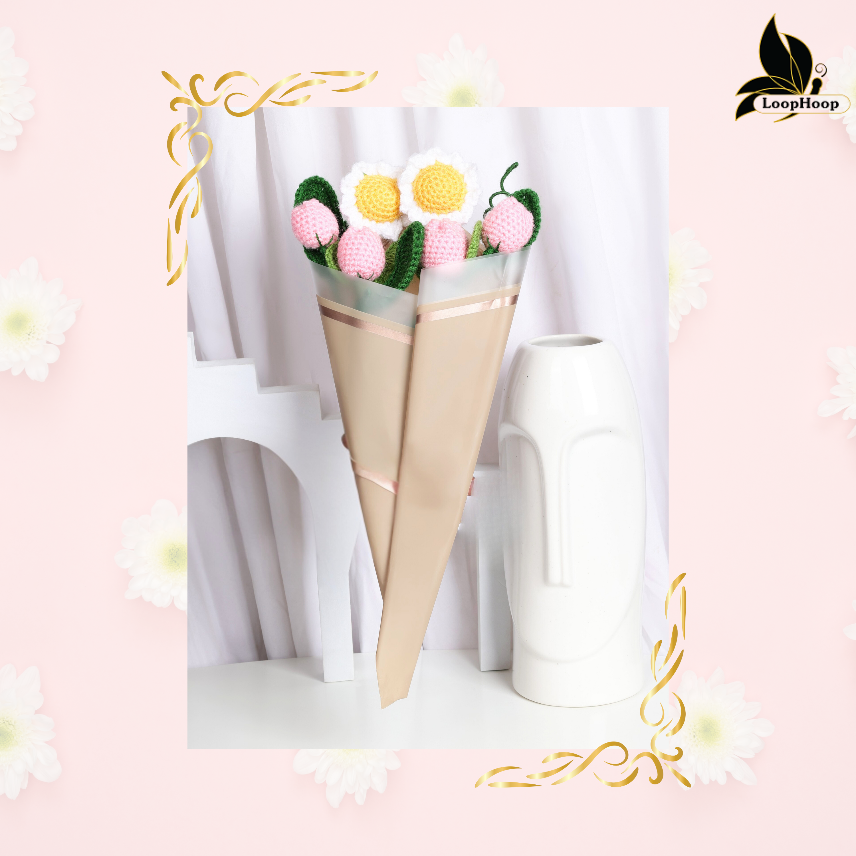 Crochet Handmade Pink Tulip And White Sunflower Bouquet- 6 steam