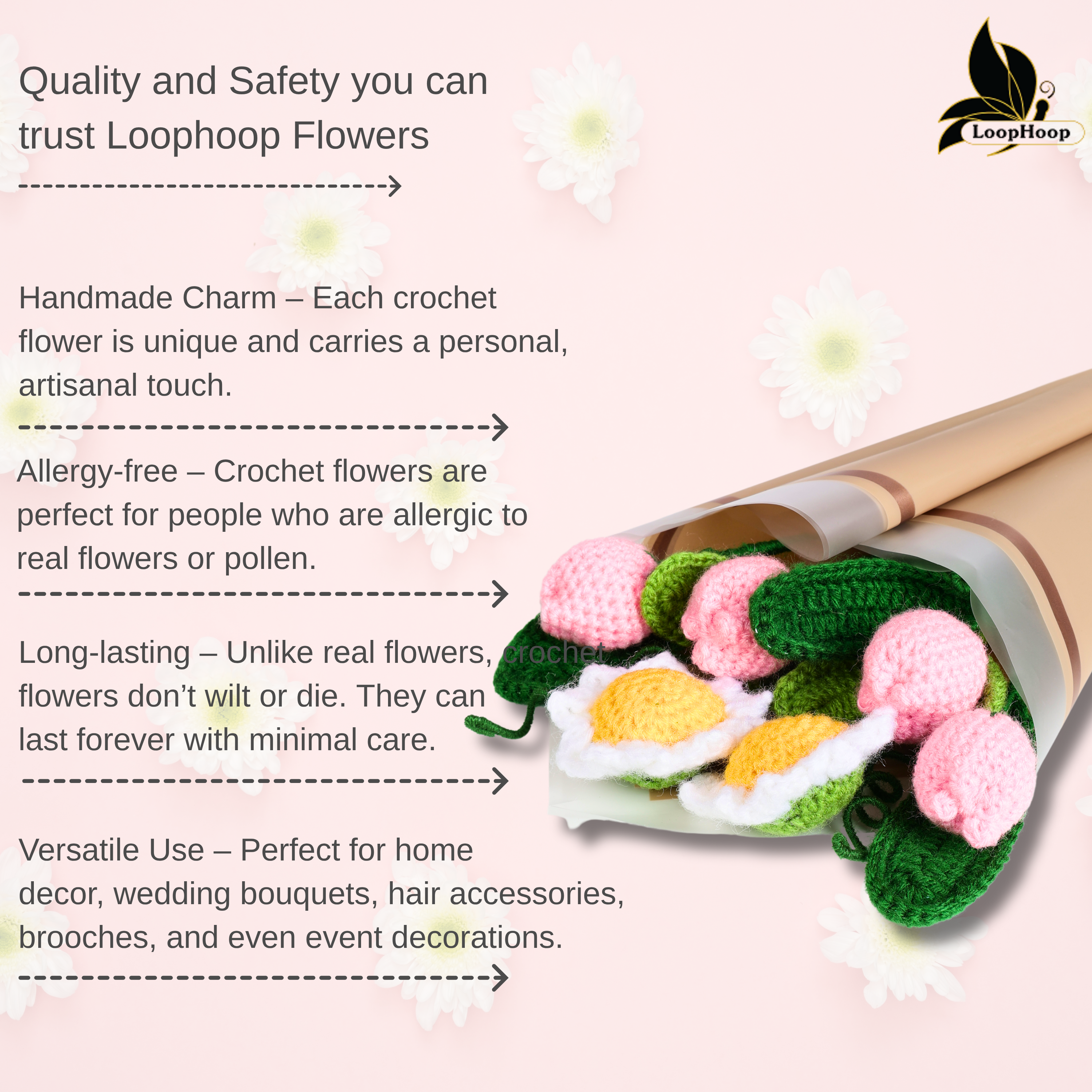 Crochet Handmade Pink Tulip And White Sunflower Bouquet- 6 steam