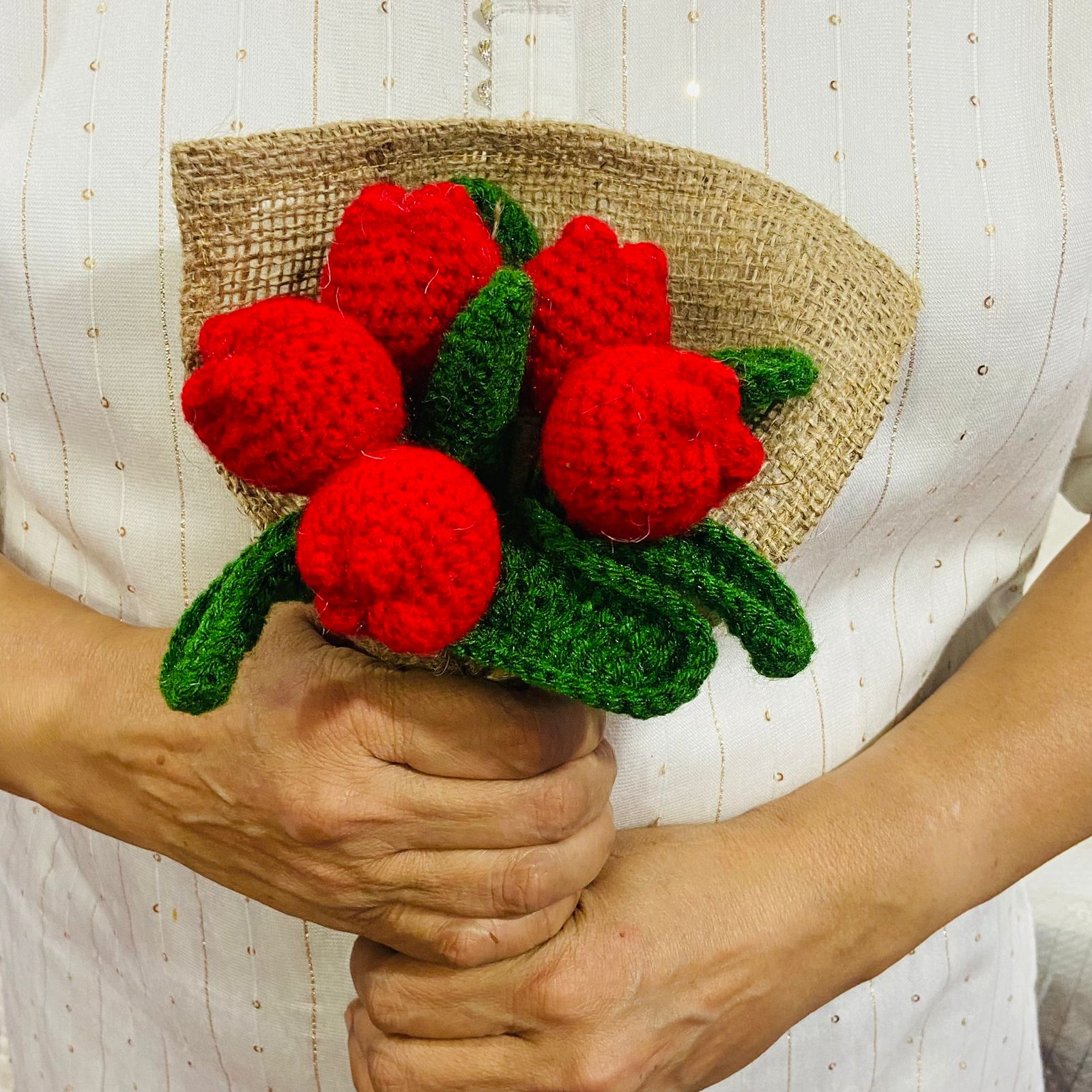Dancing with Tulip Handmade Crochet Flower Red Tulip Bouquet (6 Stems)