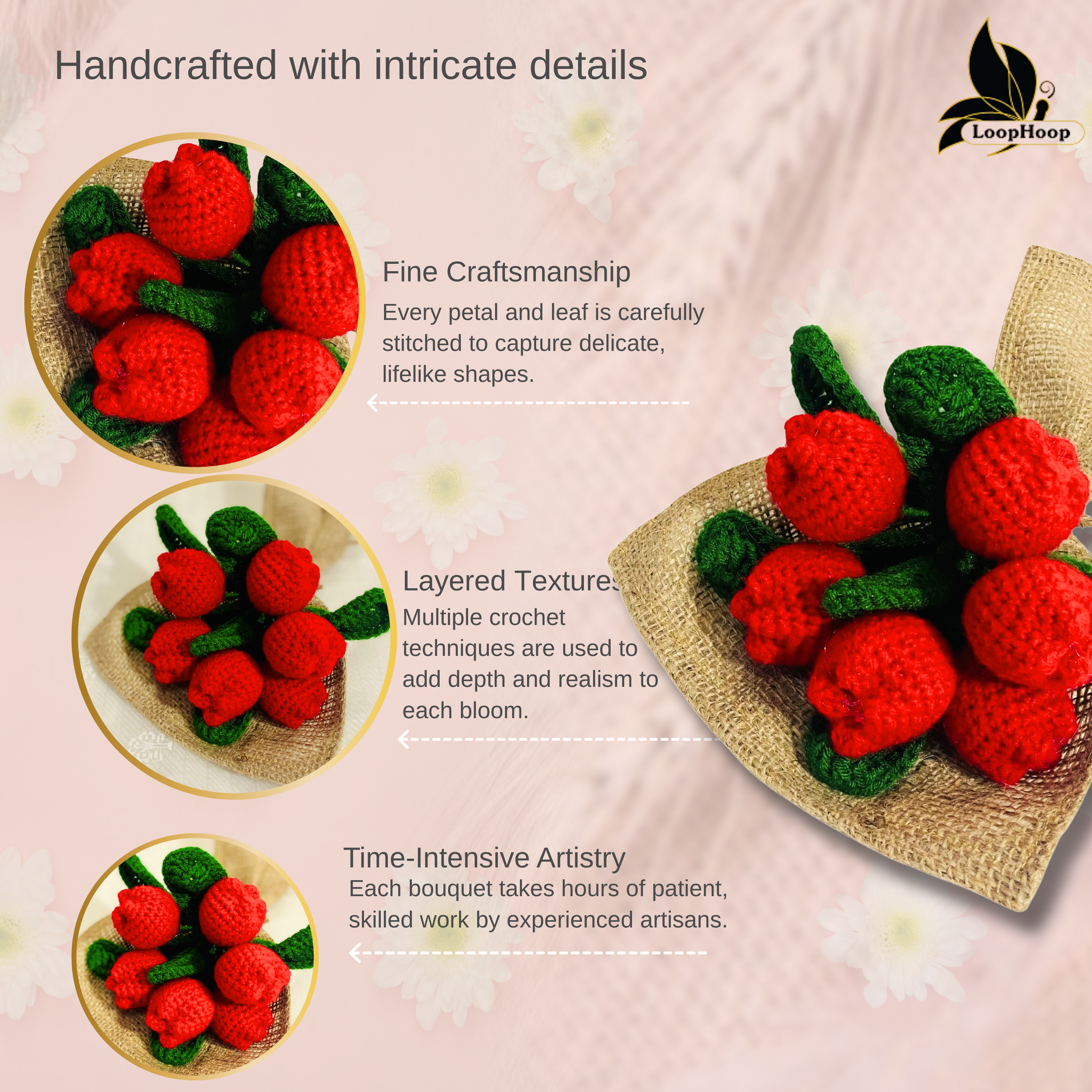 Dancing with Tulip Handmade Crochet Flower Red Tulip Bouquet (6 Stems)