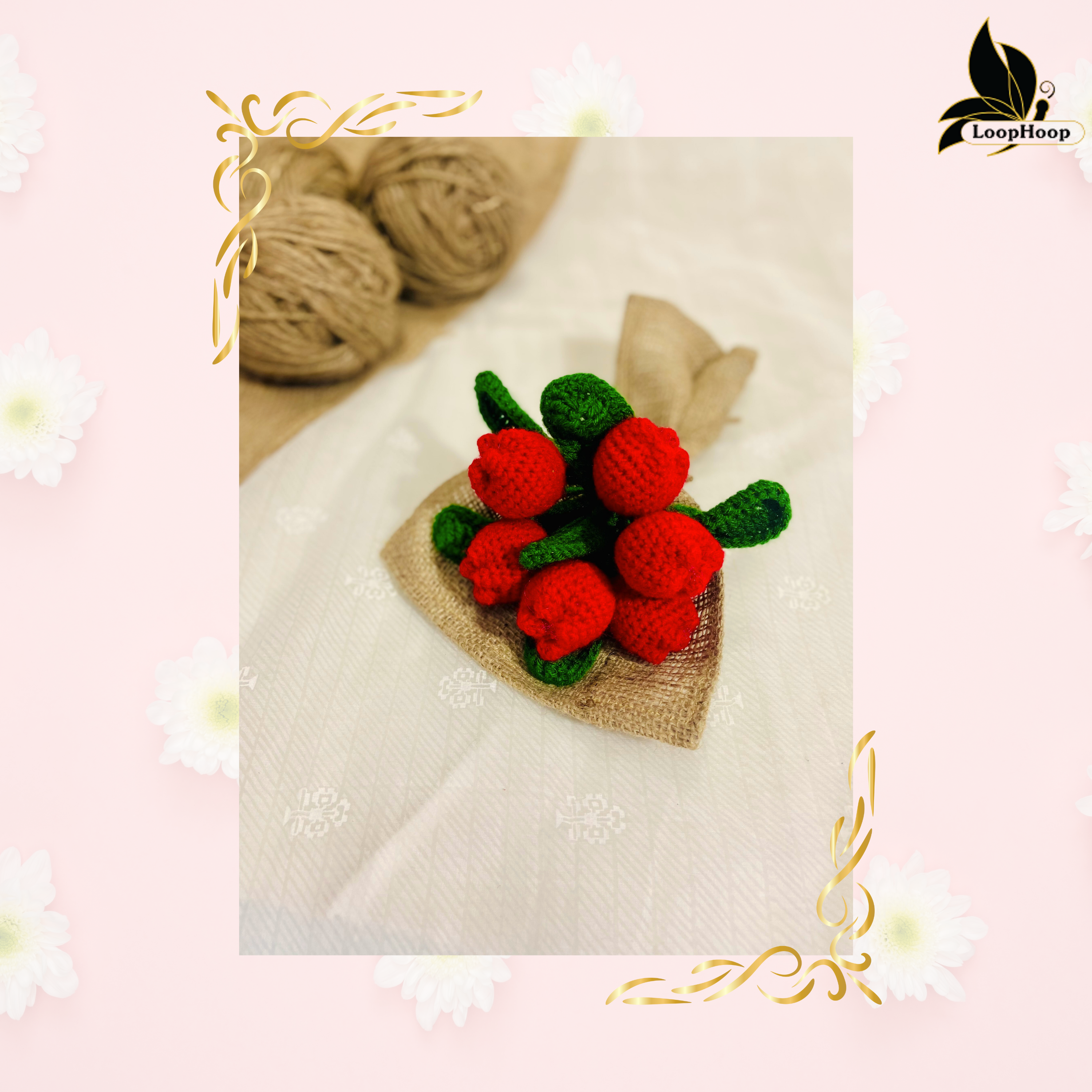 Dancing with Tulip Handmade Crochet Flower Red Tulip Bouquet (6 Stems)