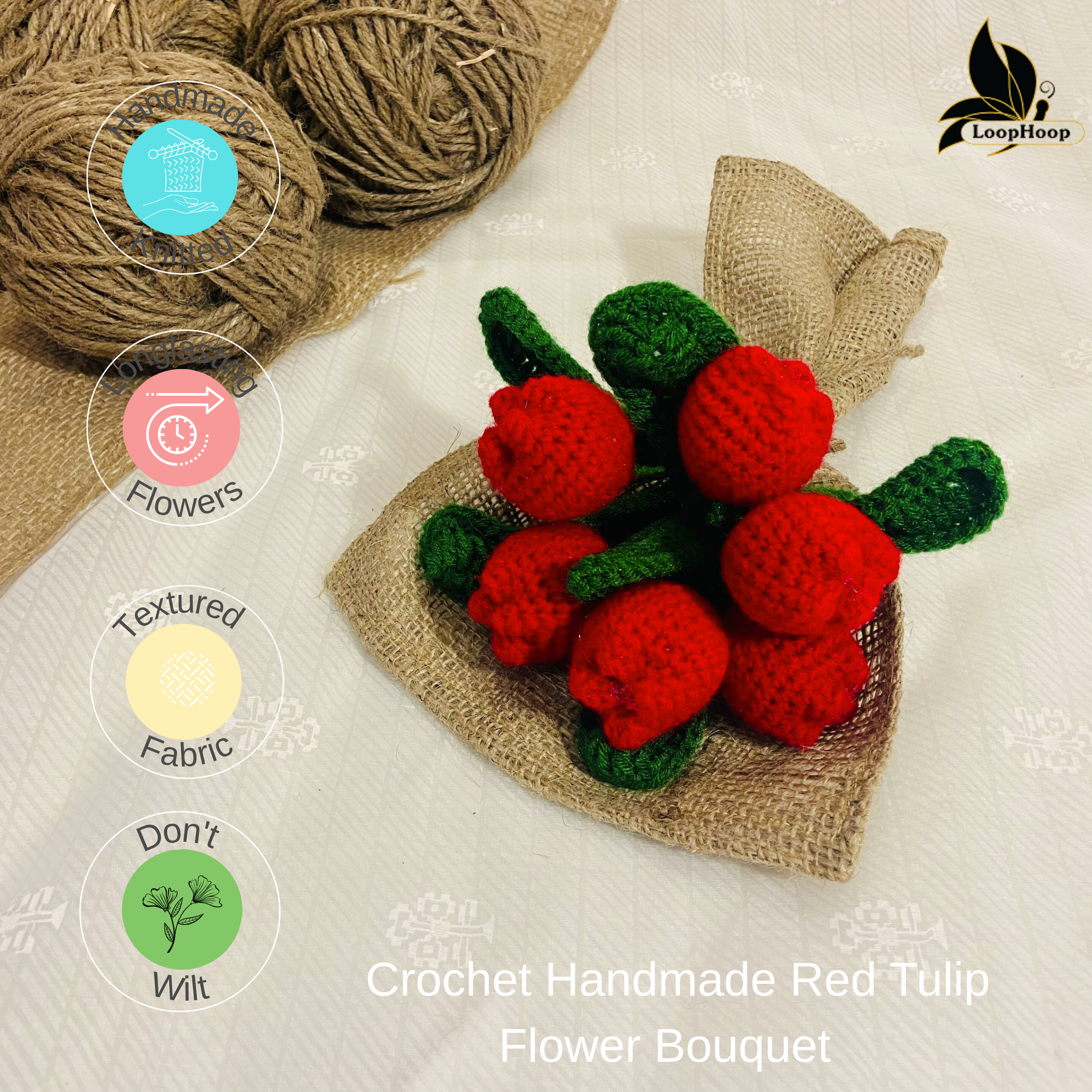 Dancing with Tulip Handmade Crochet Flower Red Tulip Bouquet (6 Stems)