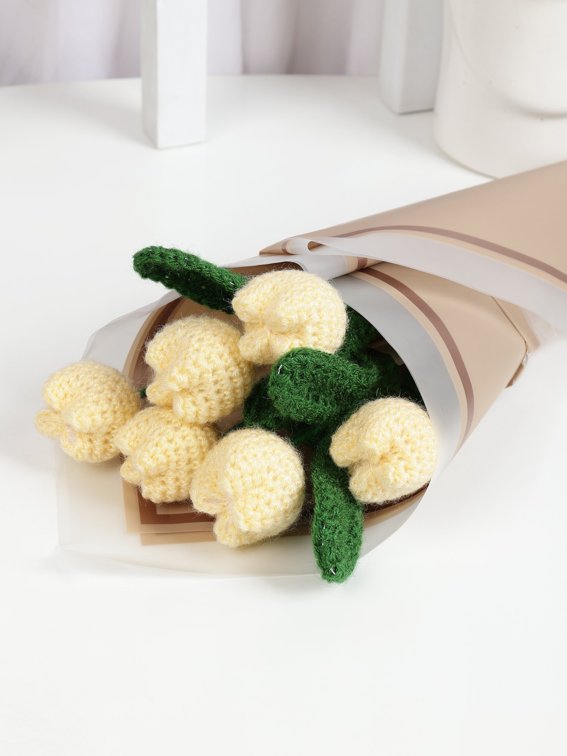 Crochet Handmade Bouquet Yellow Tulip - 6 steam