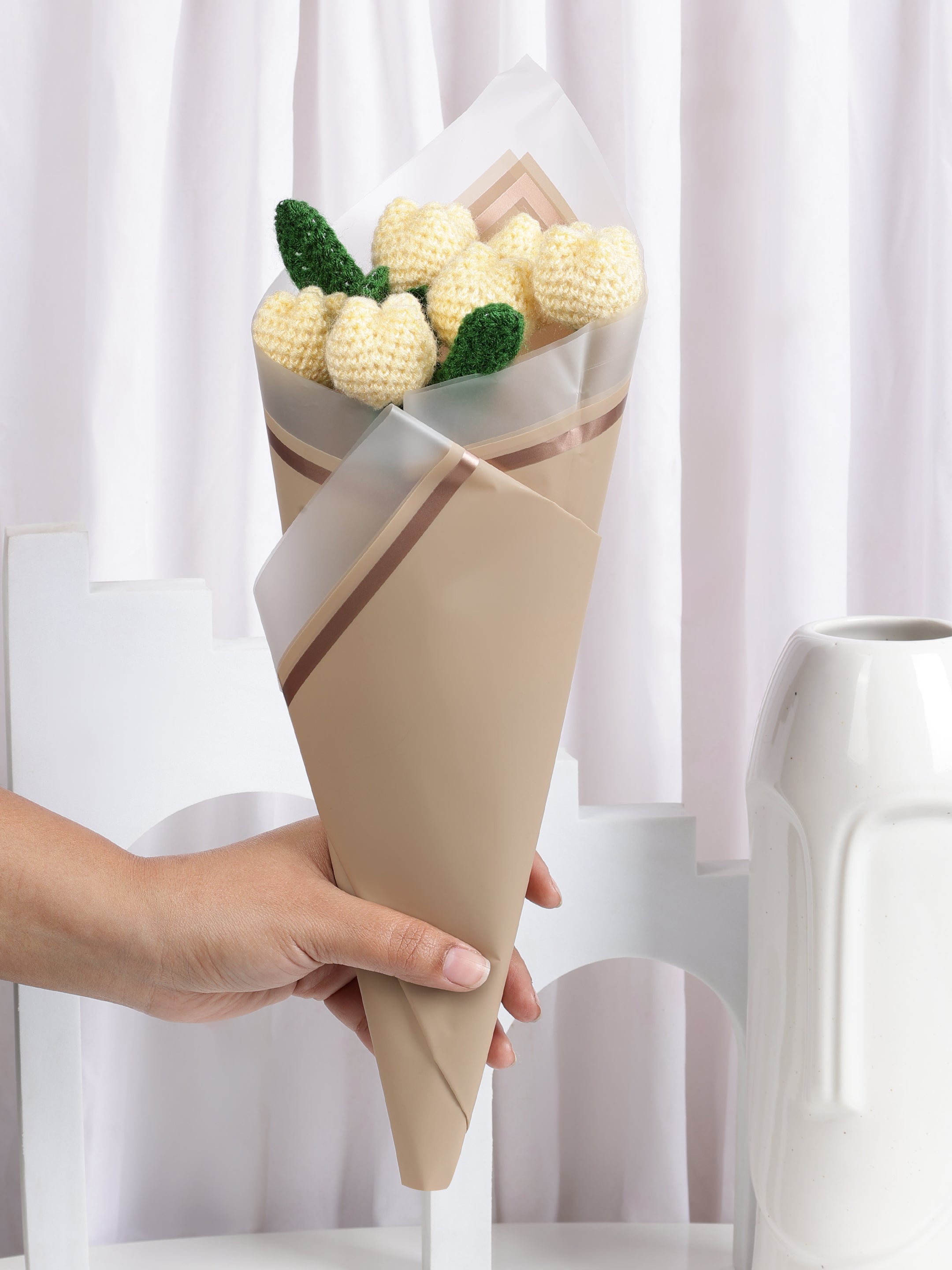 Crochet Handmade Bouquet Yellow Tulip - 6 steam