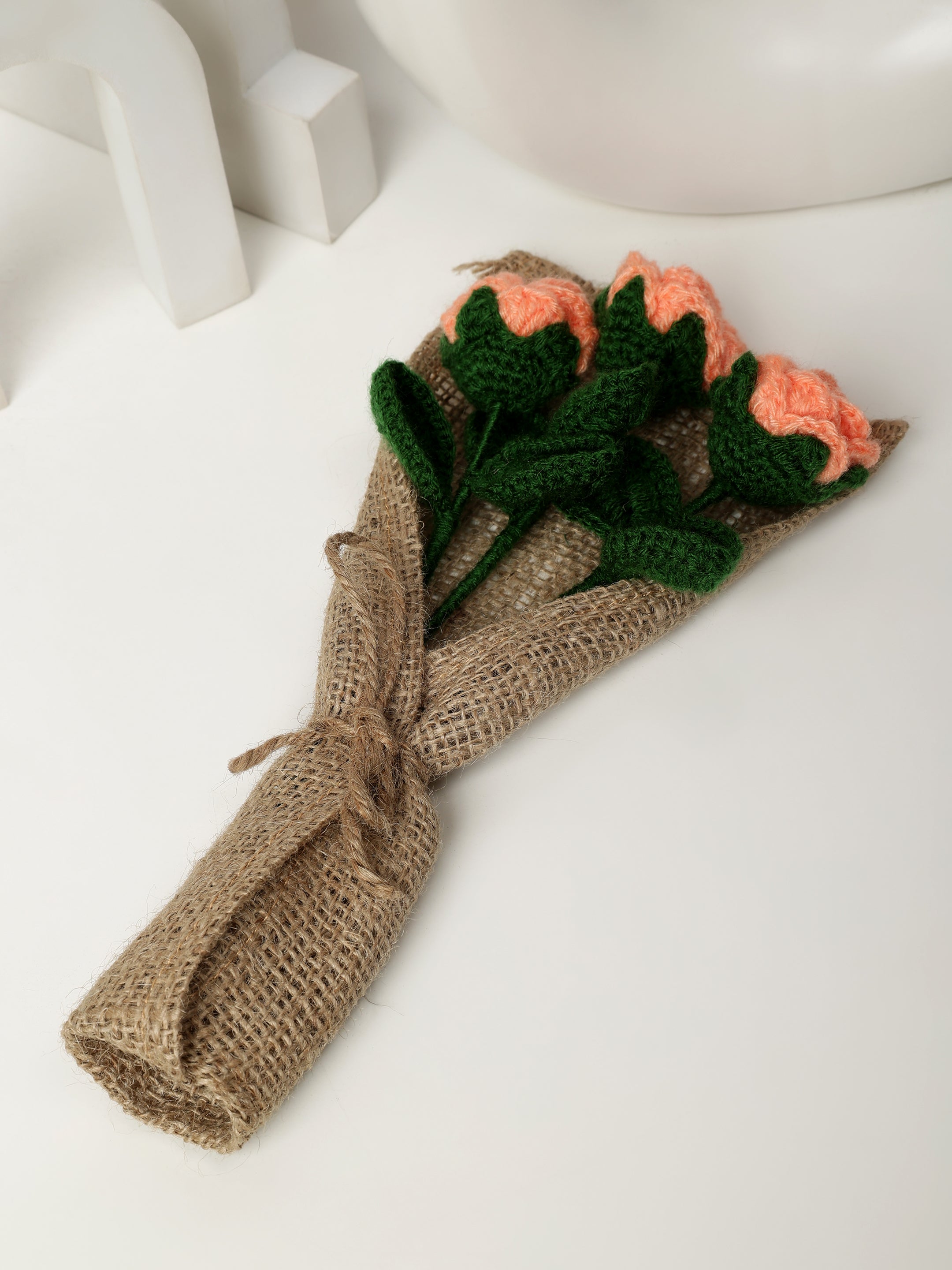 Crochet Handmade Peach Rose Bouquet- 3 steam