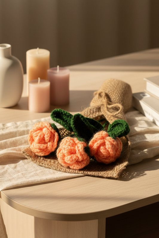 Crochet Handmade Peach Rose Bouquet- 3 steam