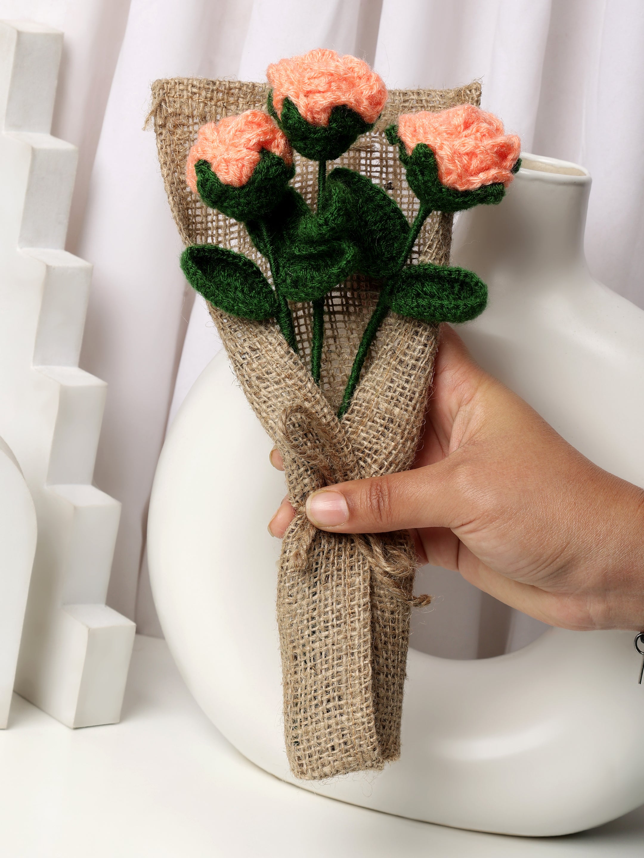 Crochet Handmade Peach Rose Bouquet- 3 steam