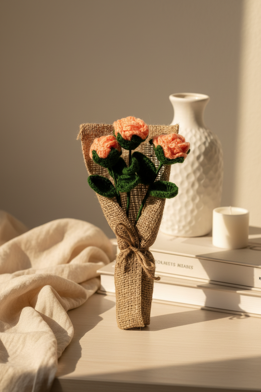 Crochet Handmade Peach Rose Bouquet- 3 steam