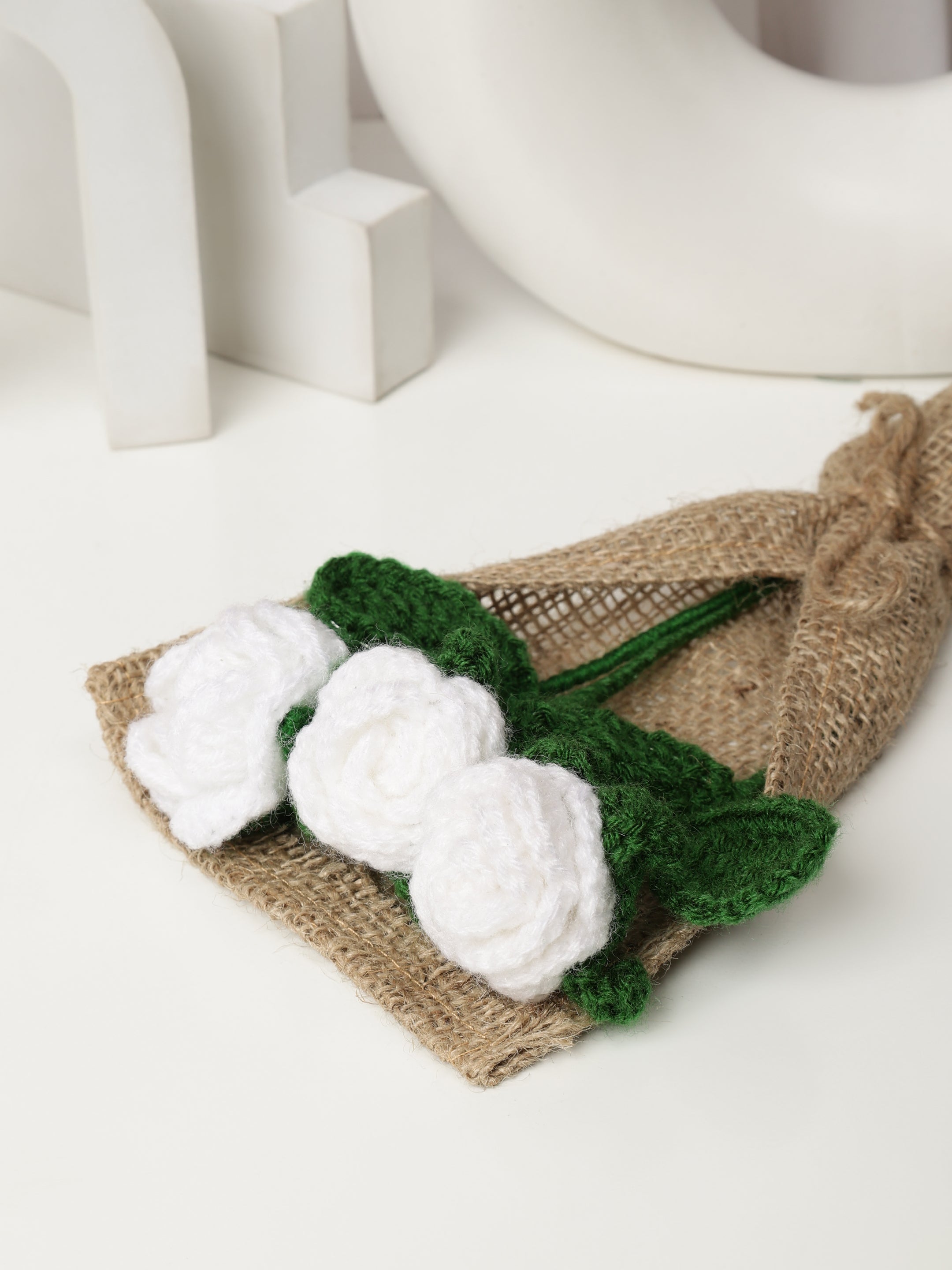 Crochet Handmade White Rose Bouquet- 3 steam
