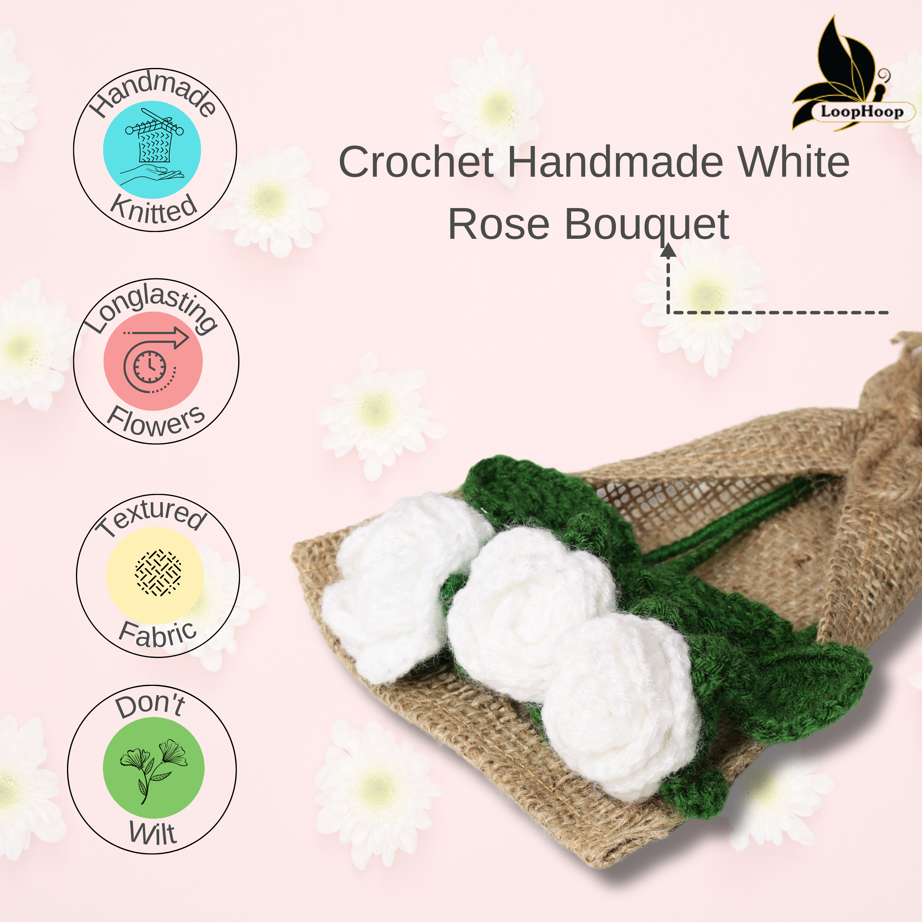 Crochet Handmade White Rose Bouquet- 3 steam
