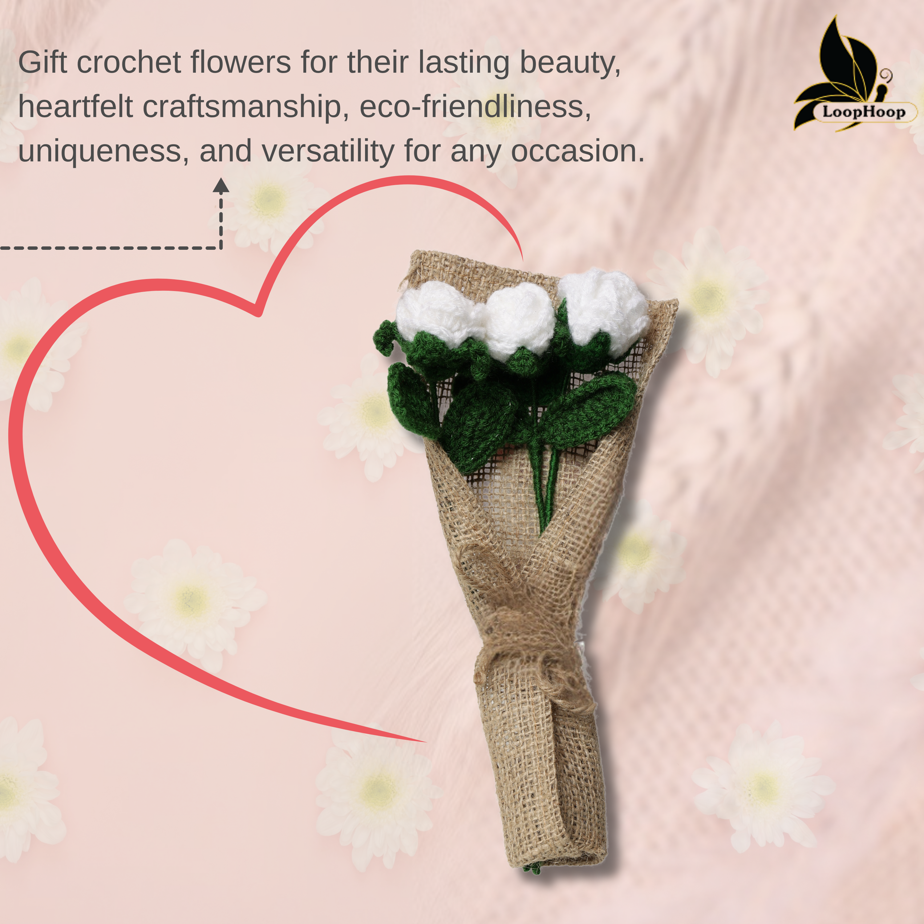 Crochet Handmade White Rose Bouquet- 3 steam