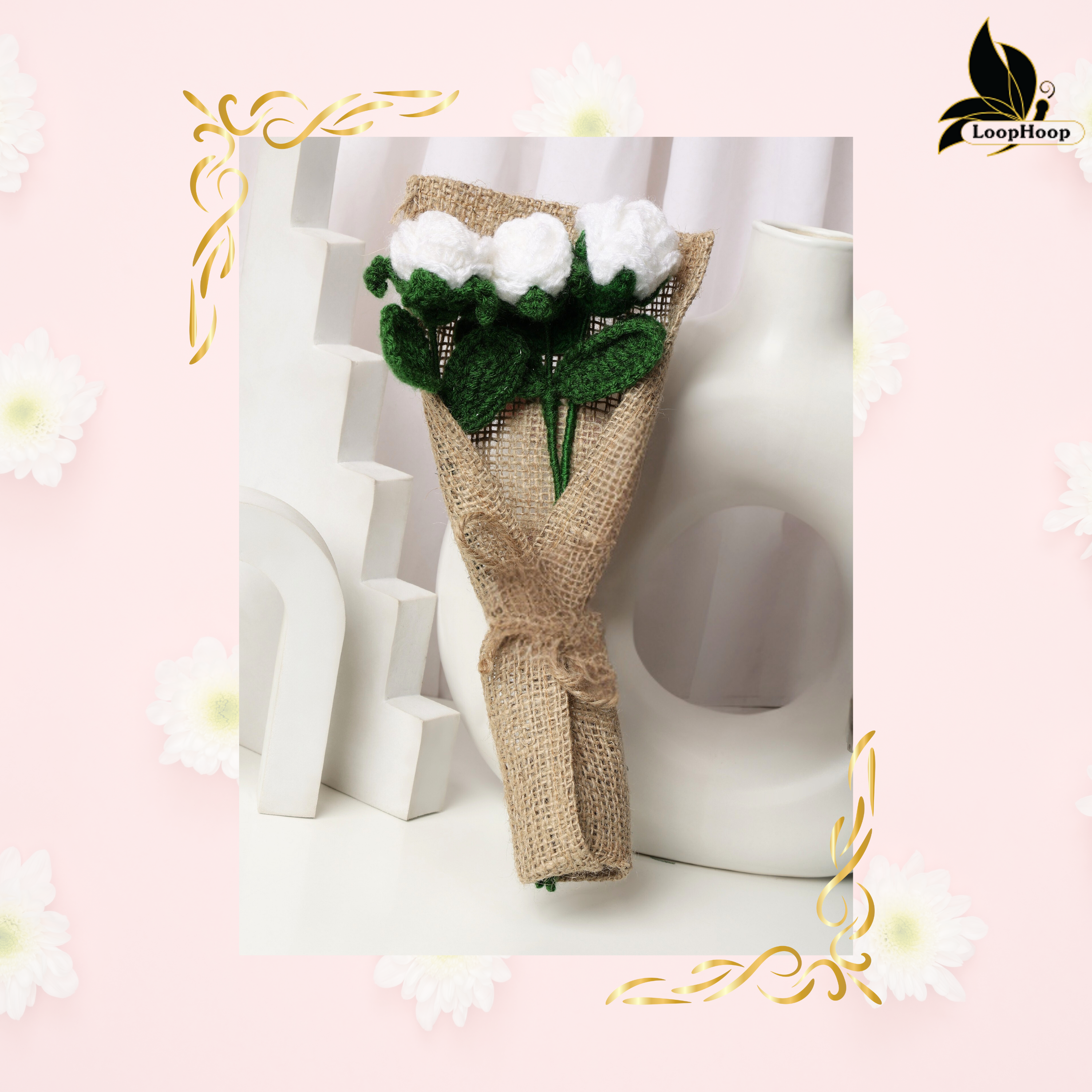 Crochet Handmade White Rose Bouquet- 3 steam