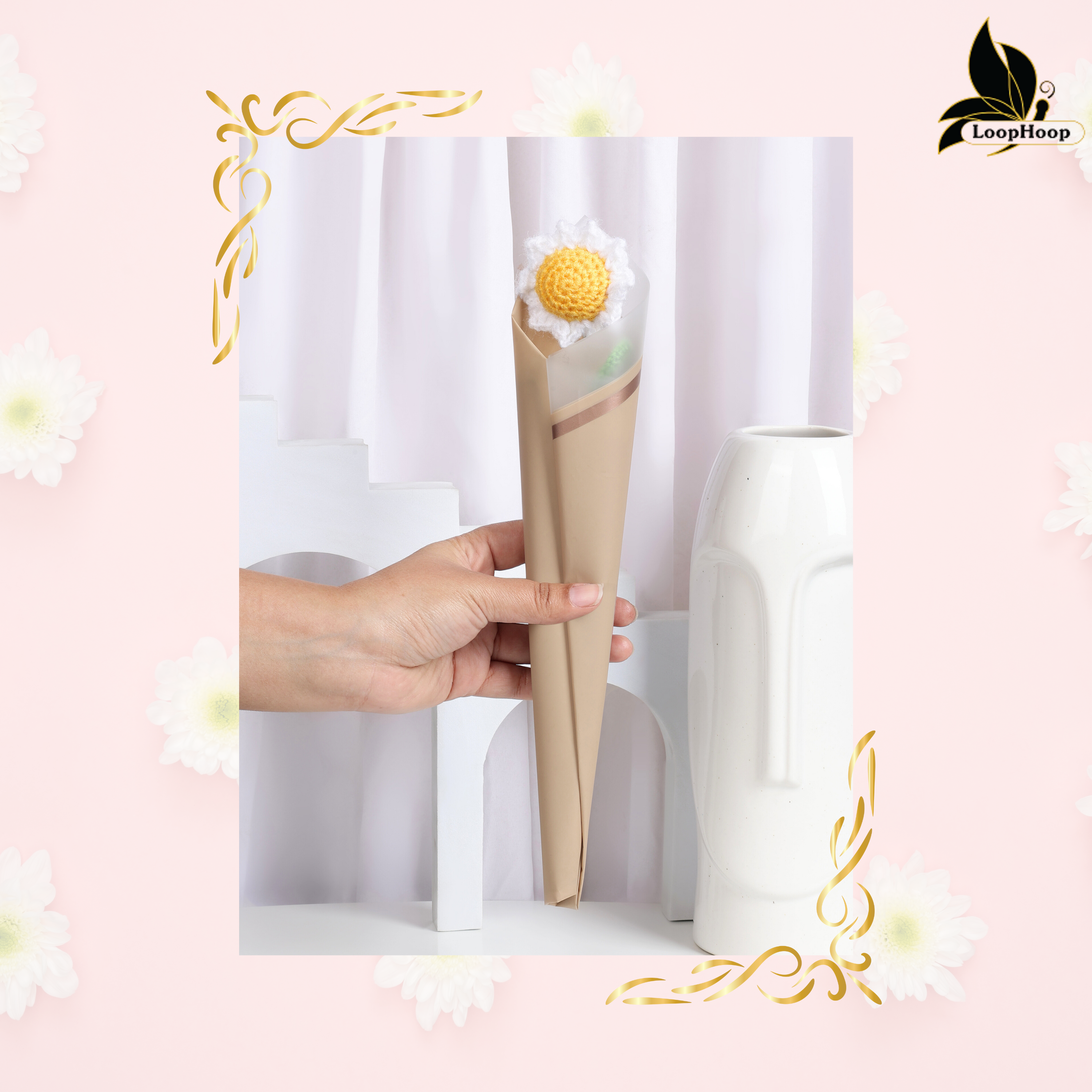 Crochet Handmade White Sunflower Bouquet- 1 steam