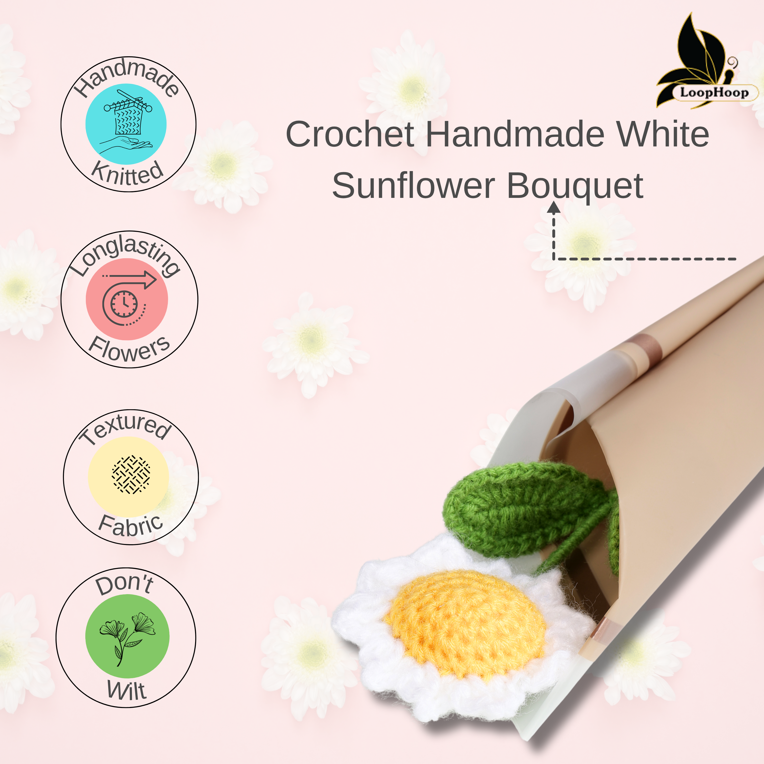 Crochet Handmade White Sunflower Bouquet- 1 steam